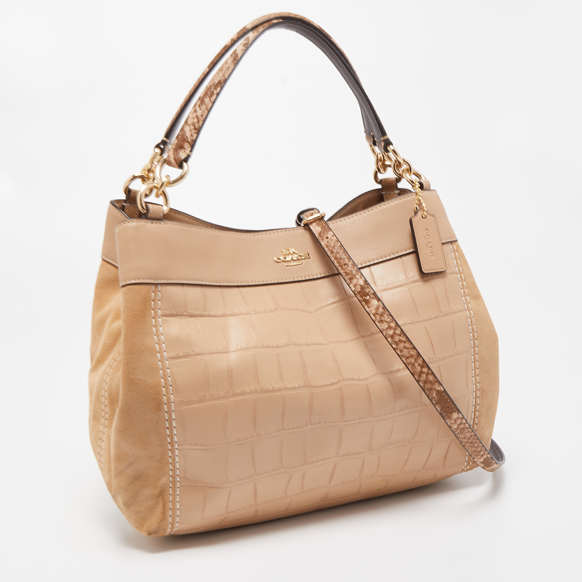 Coach Beige Suede, Croc And Python Embossed Leather Small Lexy Shoulder Bag