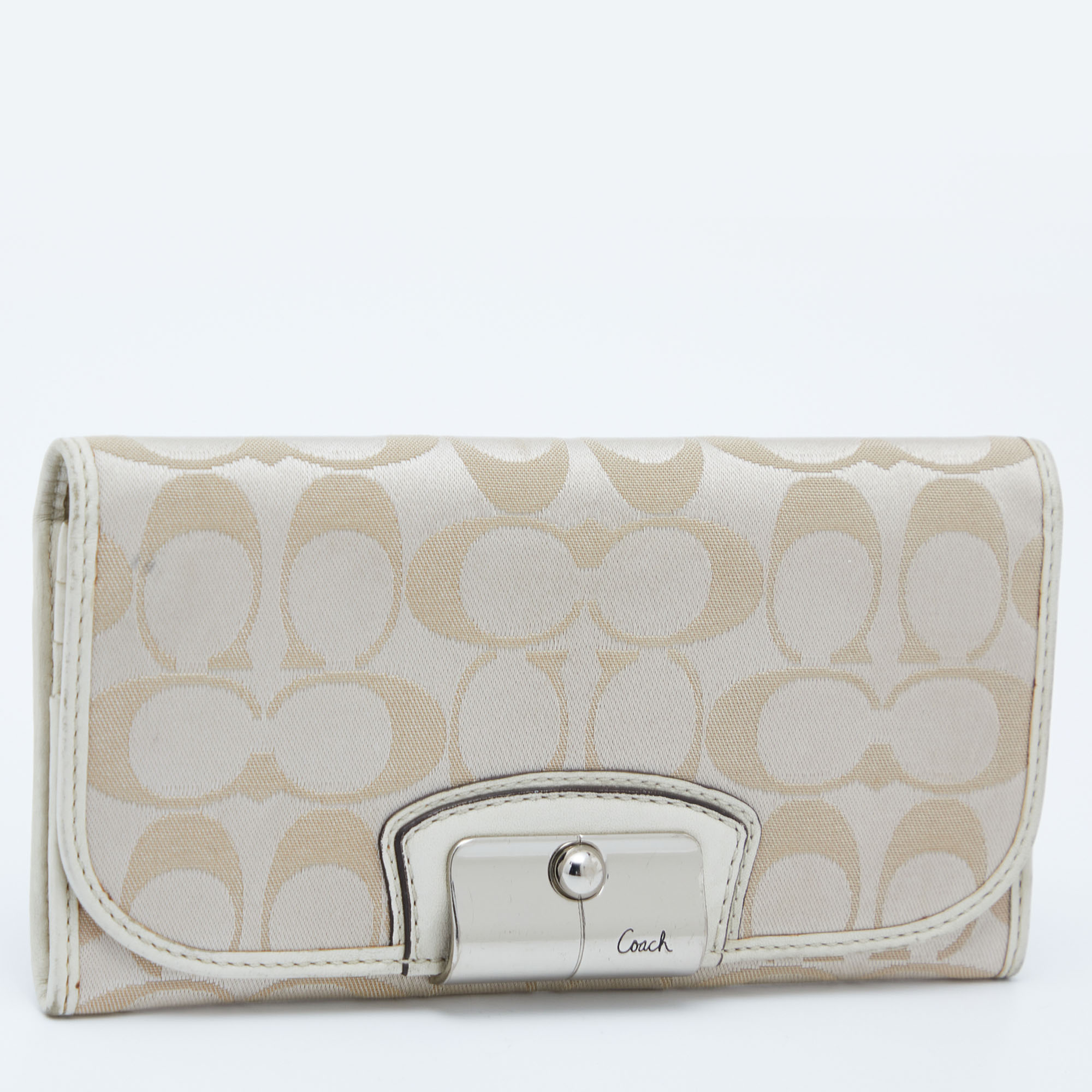 Coach Beige/White Signature Canvas And Leather Flap Continental Wallet