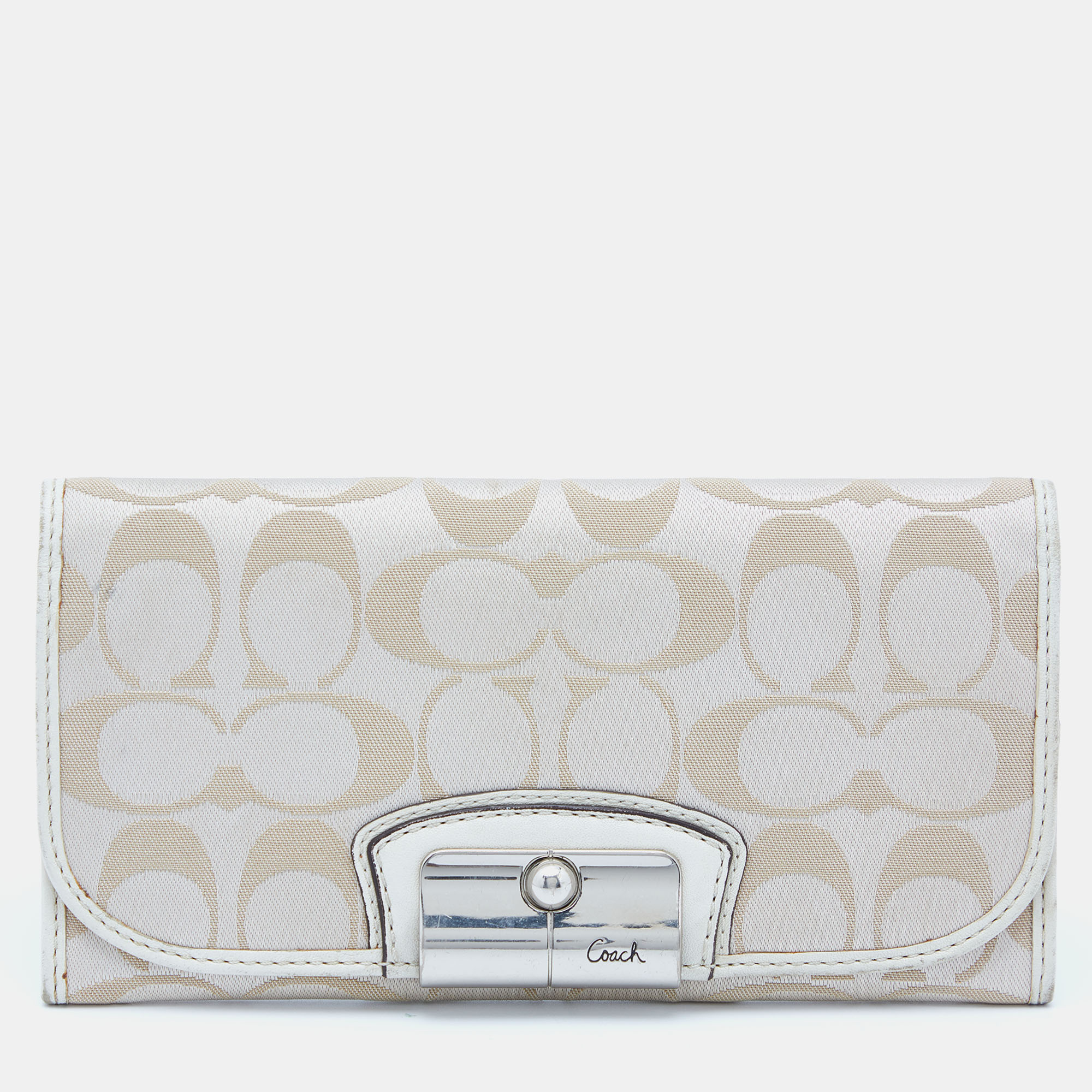 Coach Beige/White Signature Canvas And Leather Flap Continental Wallet