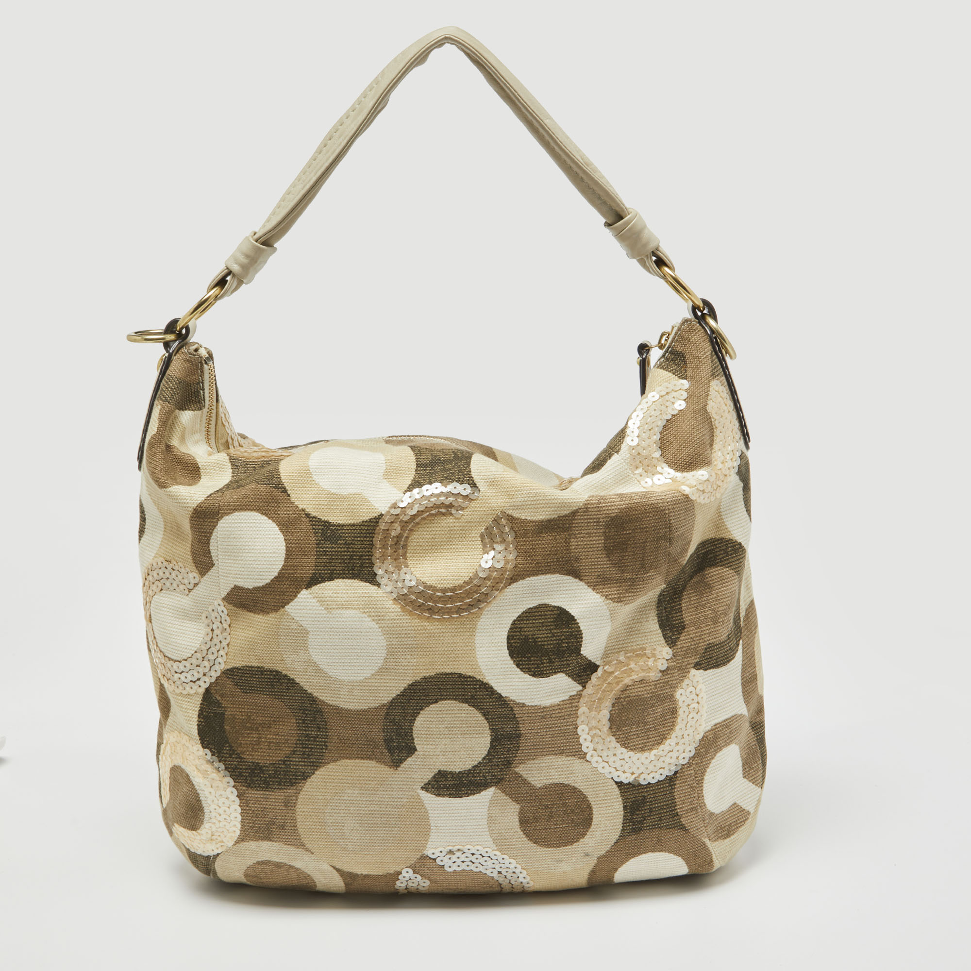 Coach Beige/Gold Op Art Sequins, Canvas And Leather Kristin Hobo