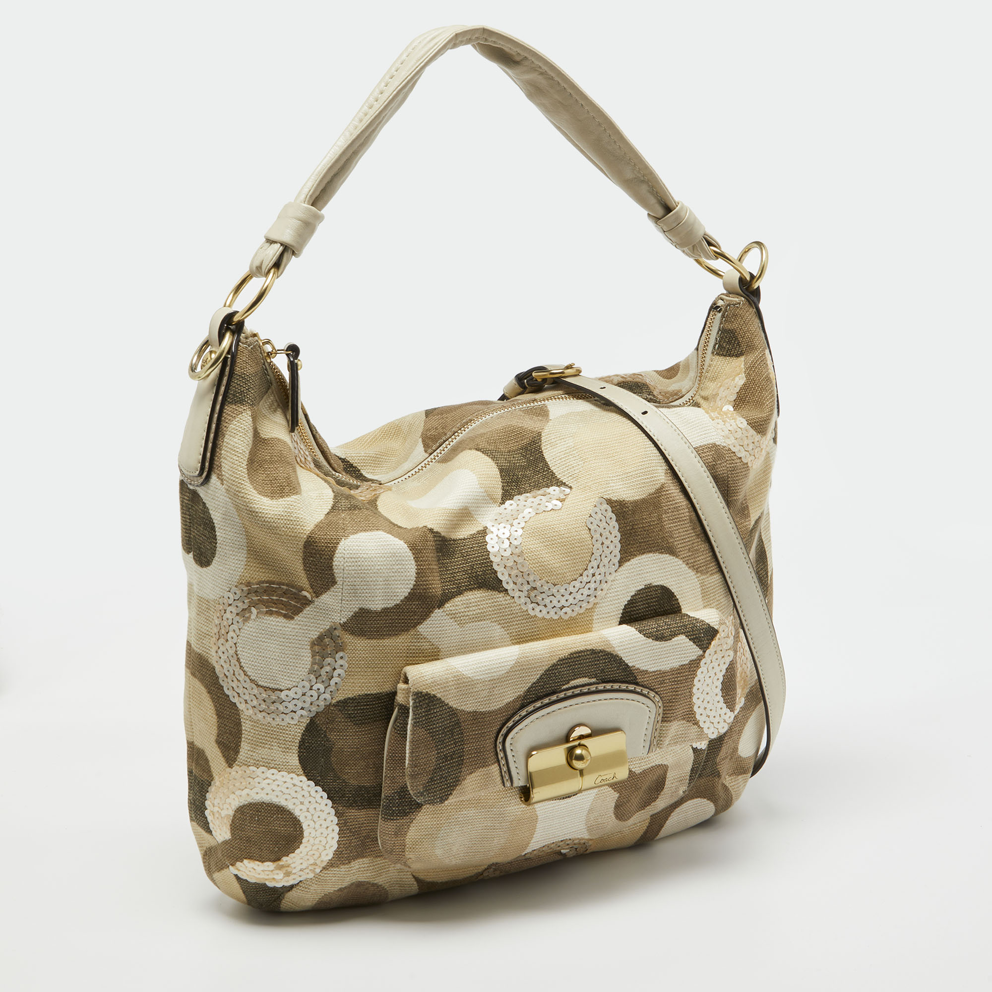 Coach Beige/Gold Op Art Sequins, Canvas And Leather Kristin Hobo
