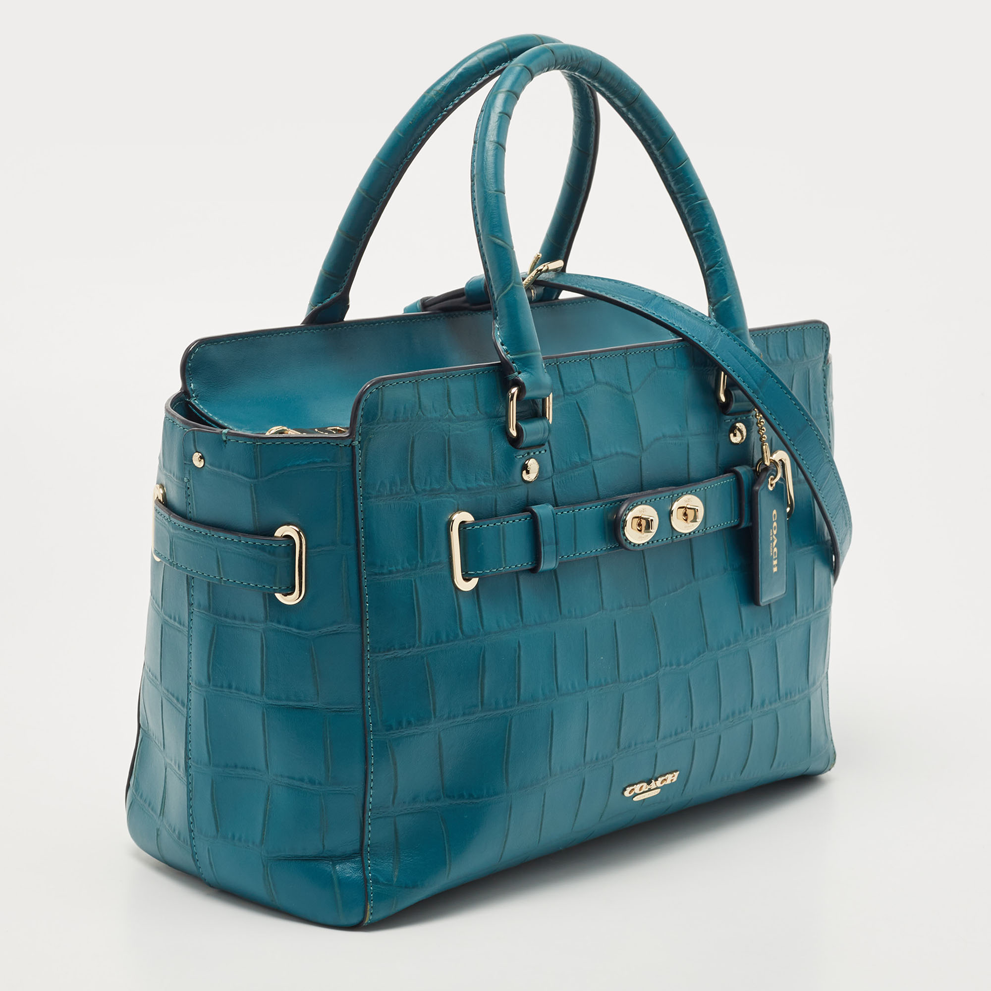 Coach Teal Blue Croc Embossed Leather Swagger 30 Tote