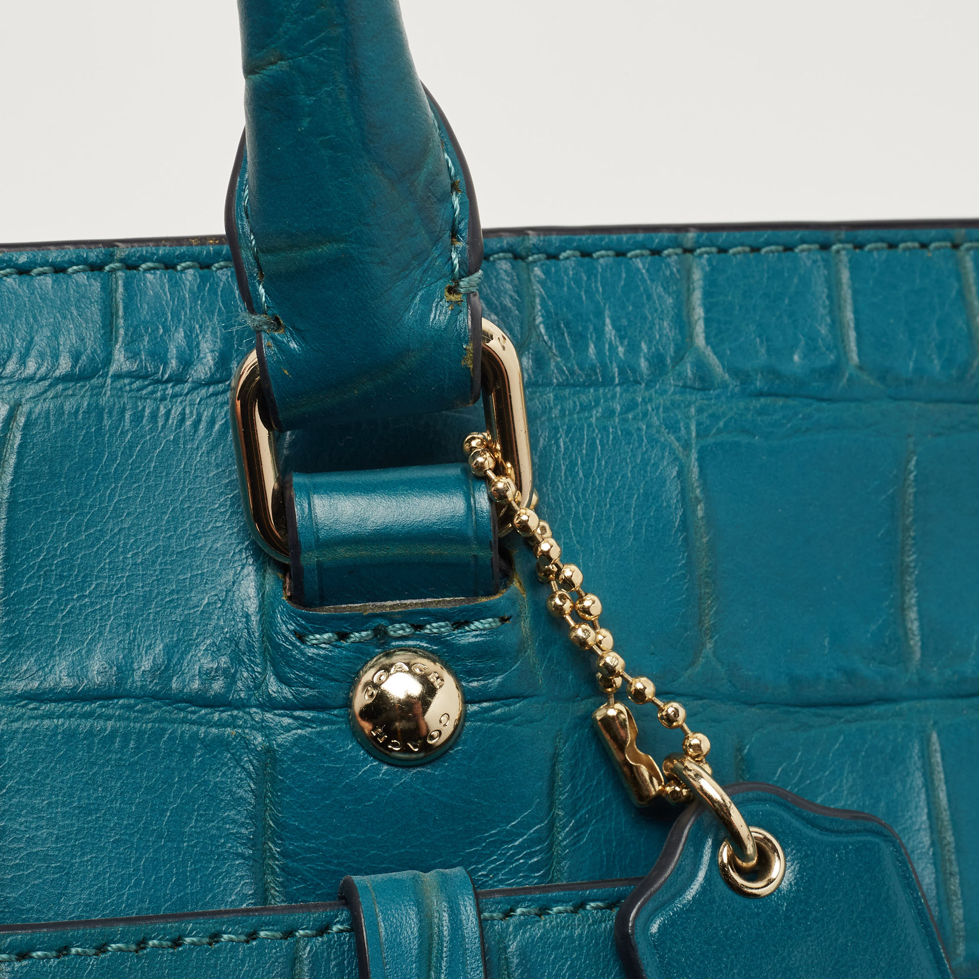 Coach Teal Blue Croc Embossed Leather Swagger 30 Tote