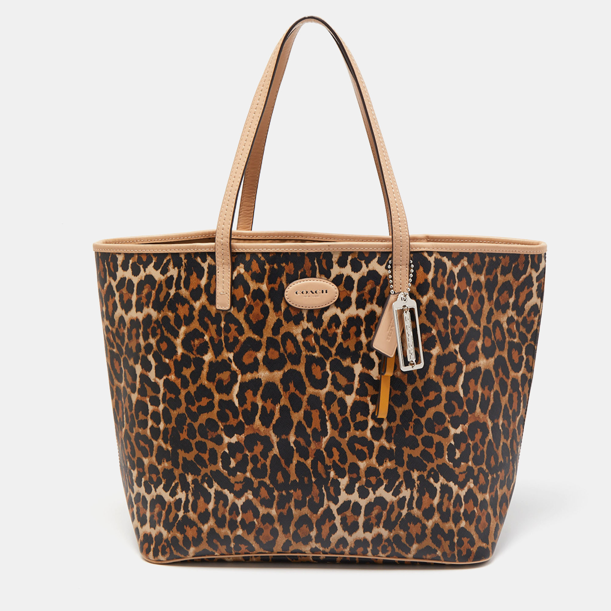 Coach Beige/Brown Leopard Print Coated Canvas City Tote