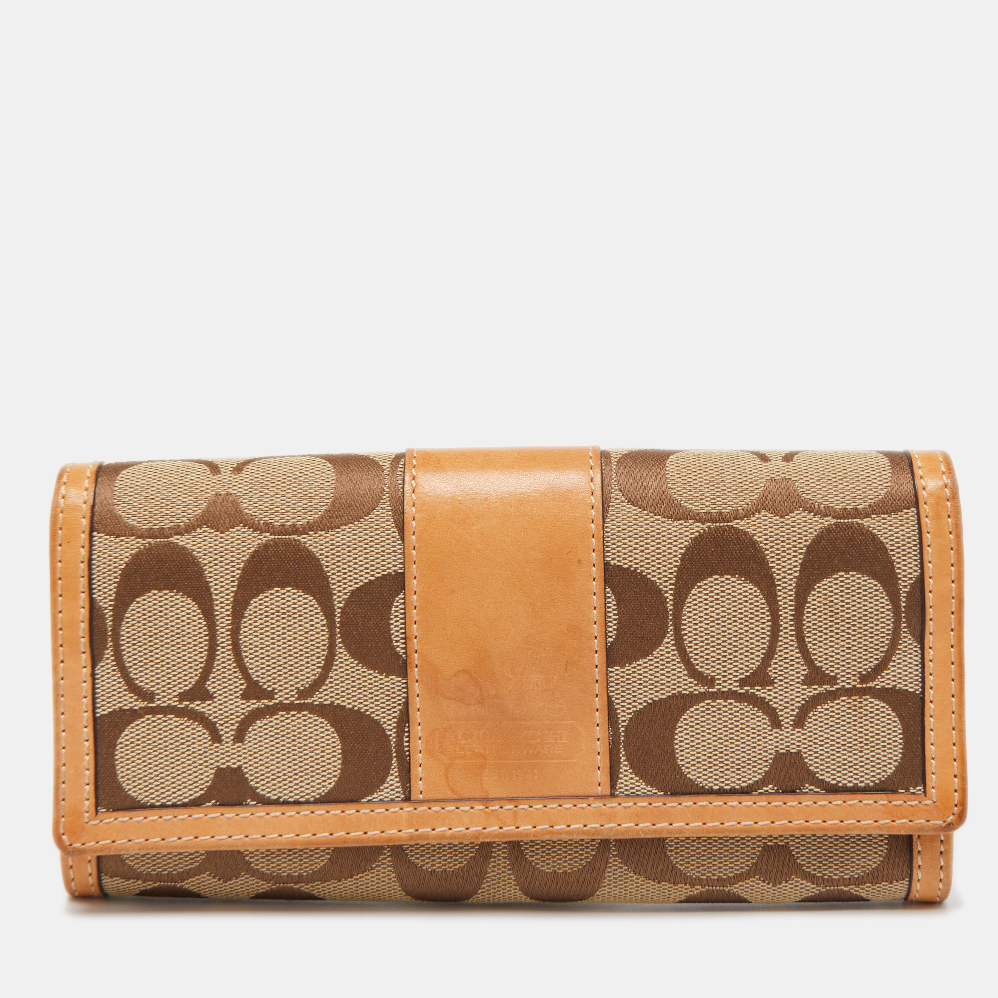 Coach Natural/Beige Signature Canvas And Leather Flap Continental Wallet