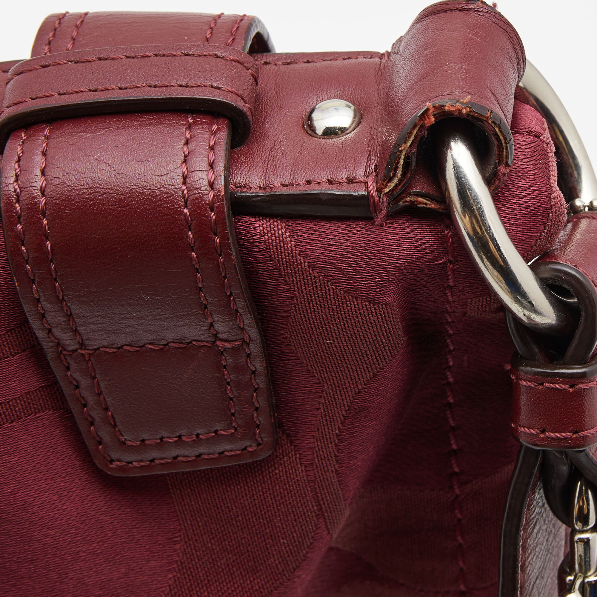Coach Burgundy Signature Satin And Leather Chain Detail Hobo