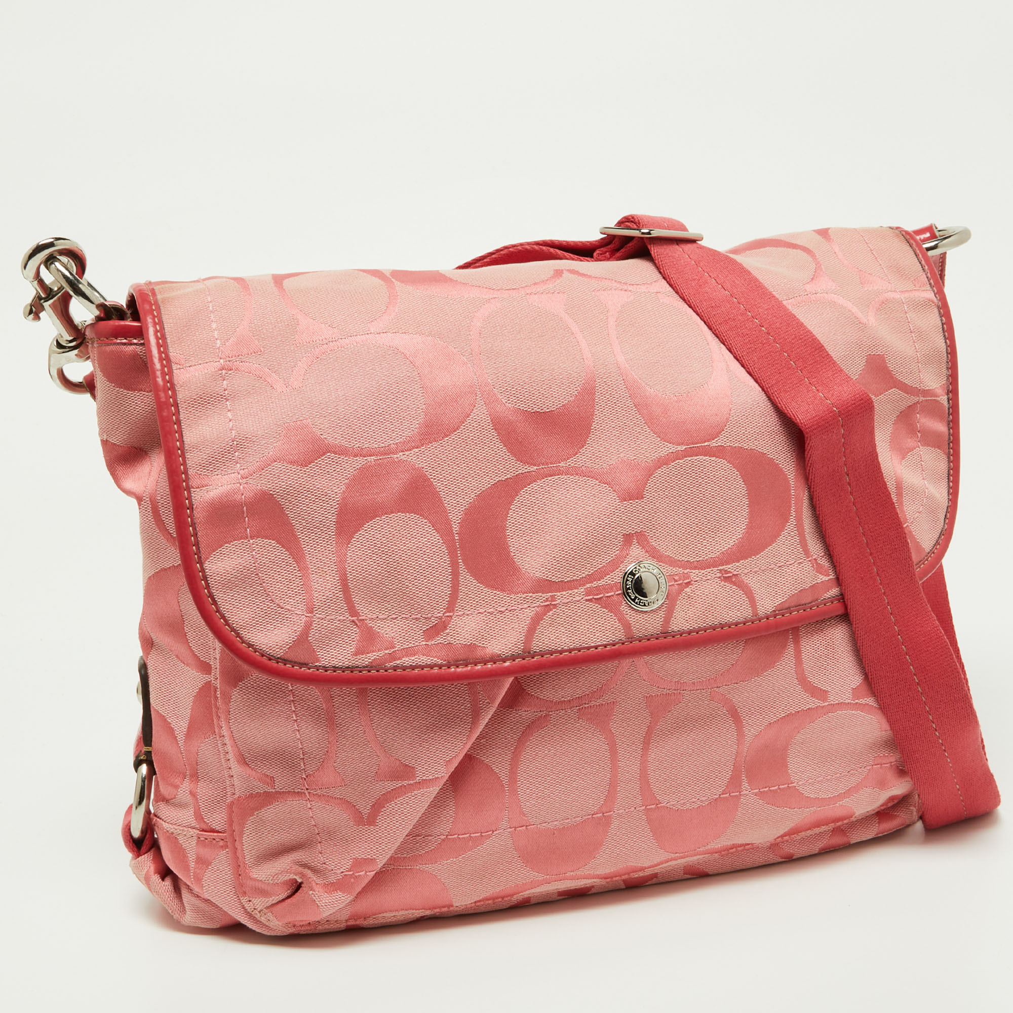 Coach Pink Signature Canvas And Patent Messenger Bag