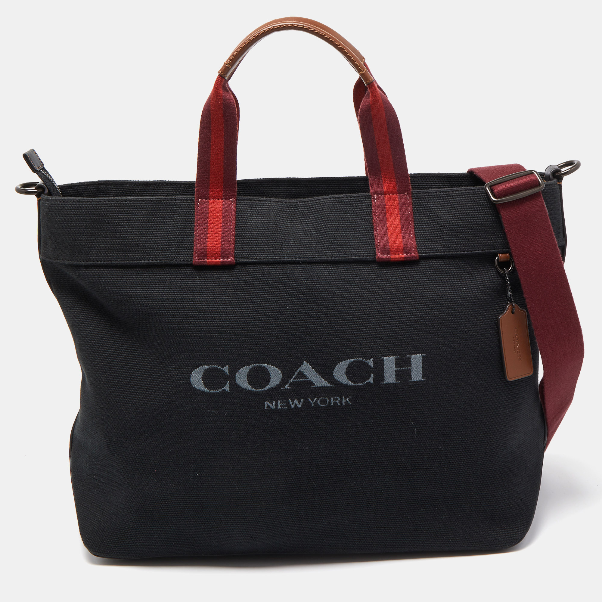 

Coach Black/Burgundy Canvas and Leather 38 Tote