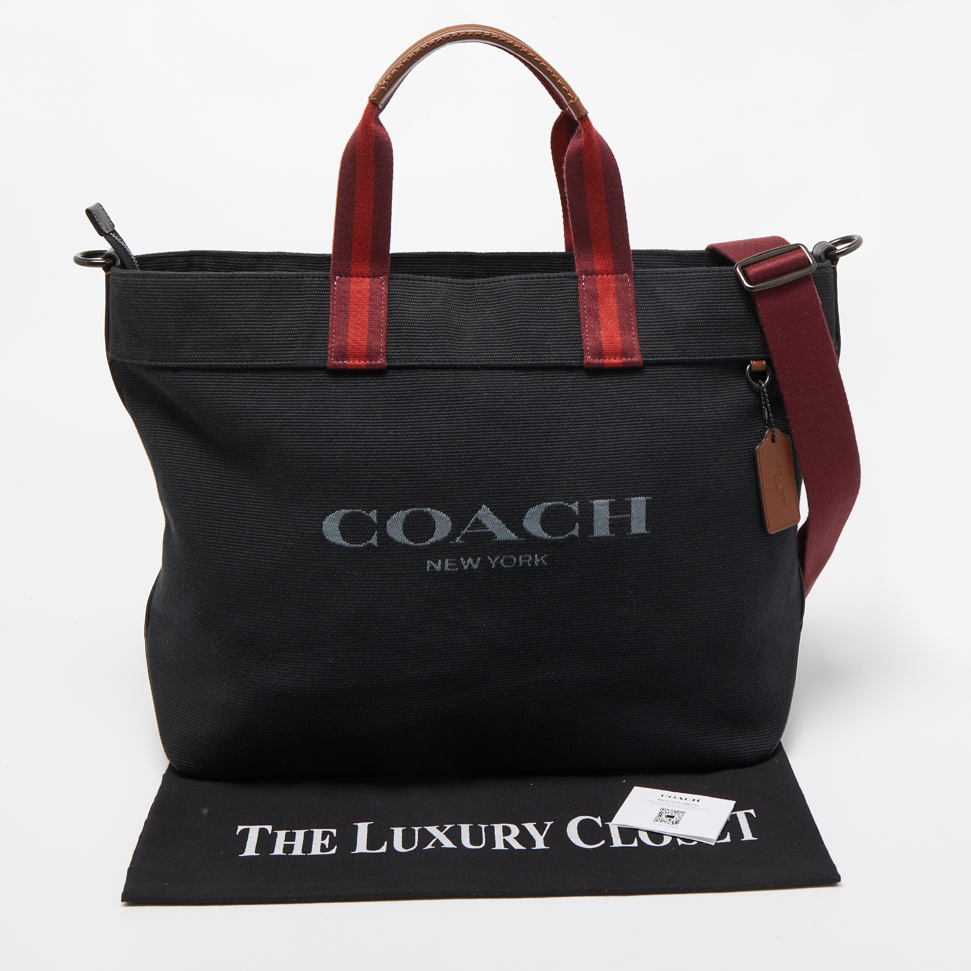 Coach Black/Burgundy Canvas And Leather 38 Tote