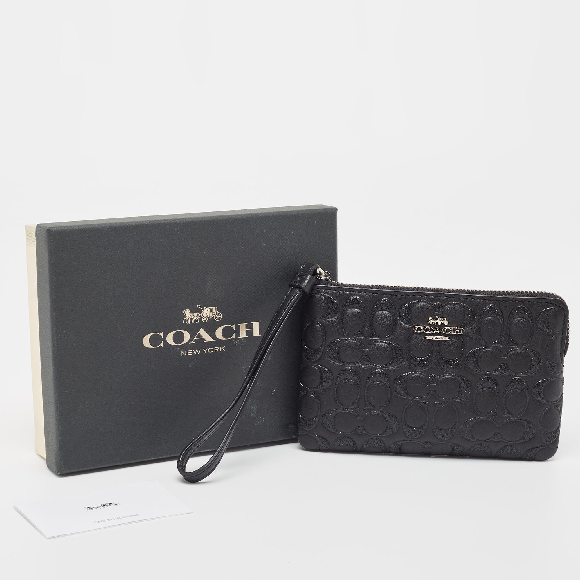 Coach Black Signature Glitter Embossed Leather Boxed Wristlet Clutch