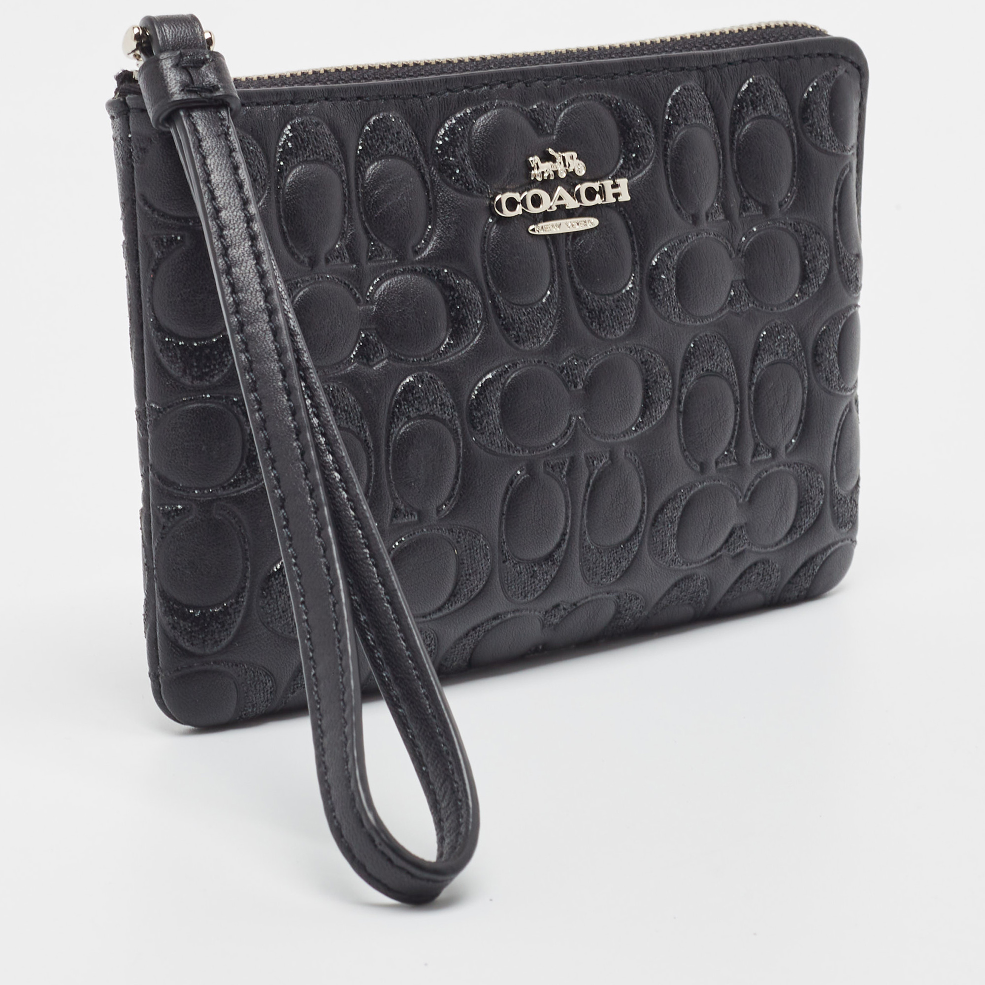 Coach Black Signature Glitter Embossed Leather Boxed Wristlet Clutch