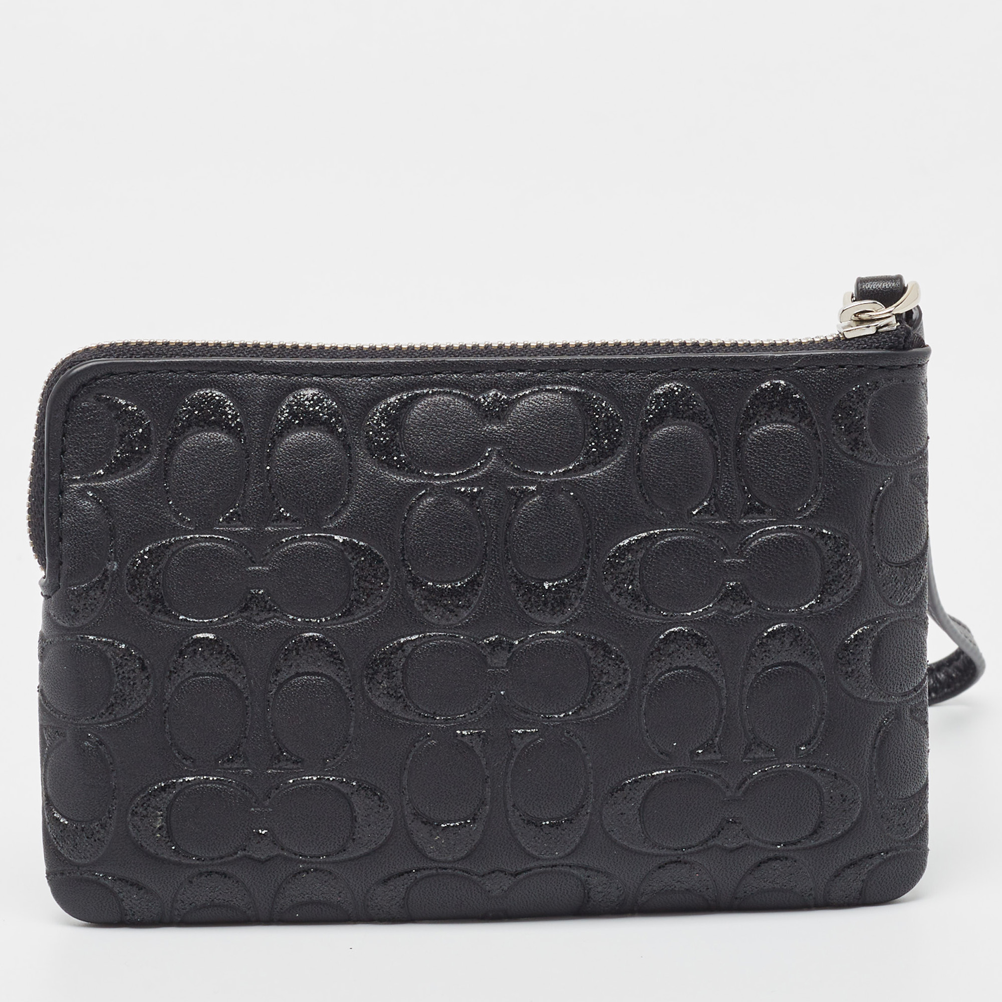 Coach Black Signature Glitter Embossed Leather Boxed Wristlet Clutch