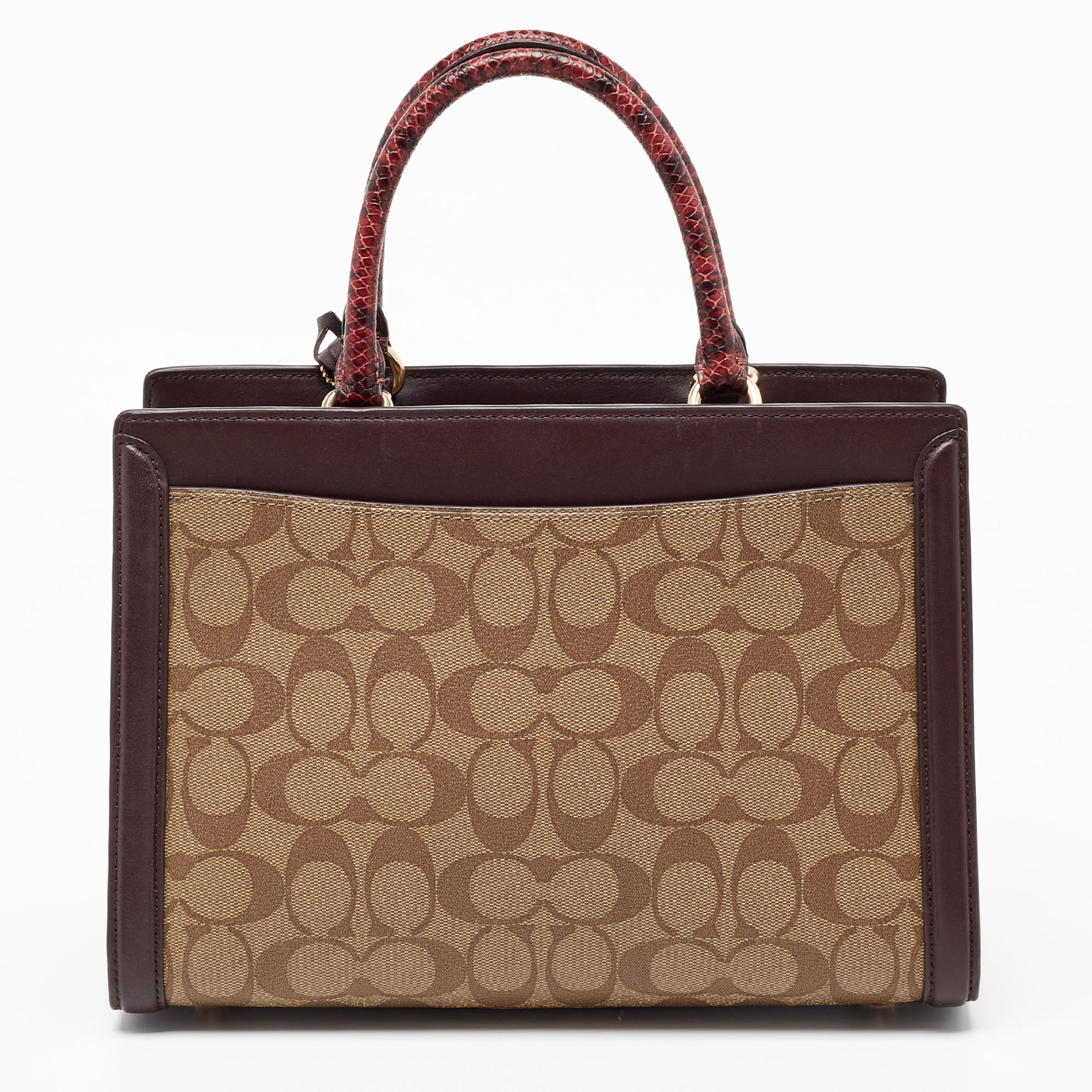 Coach Burgundy/Beige Signature Coated And Leather Zoe Carryall Tote