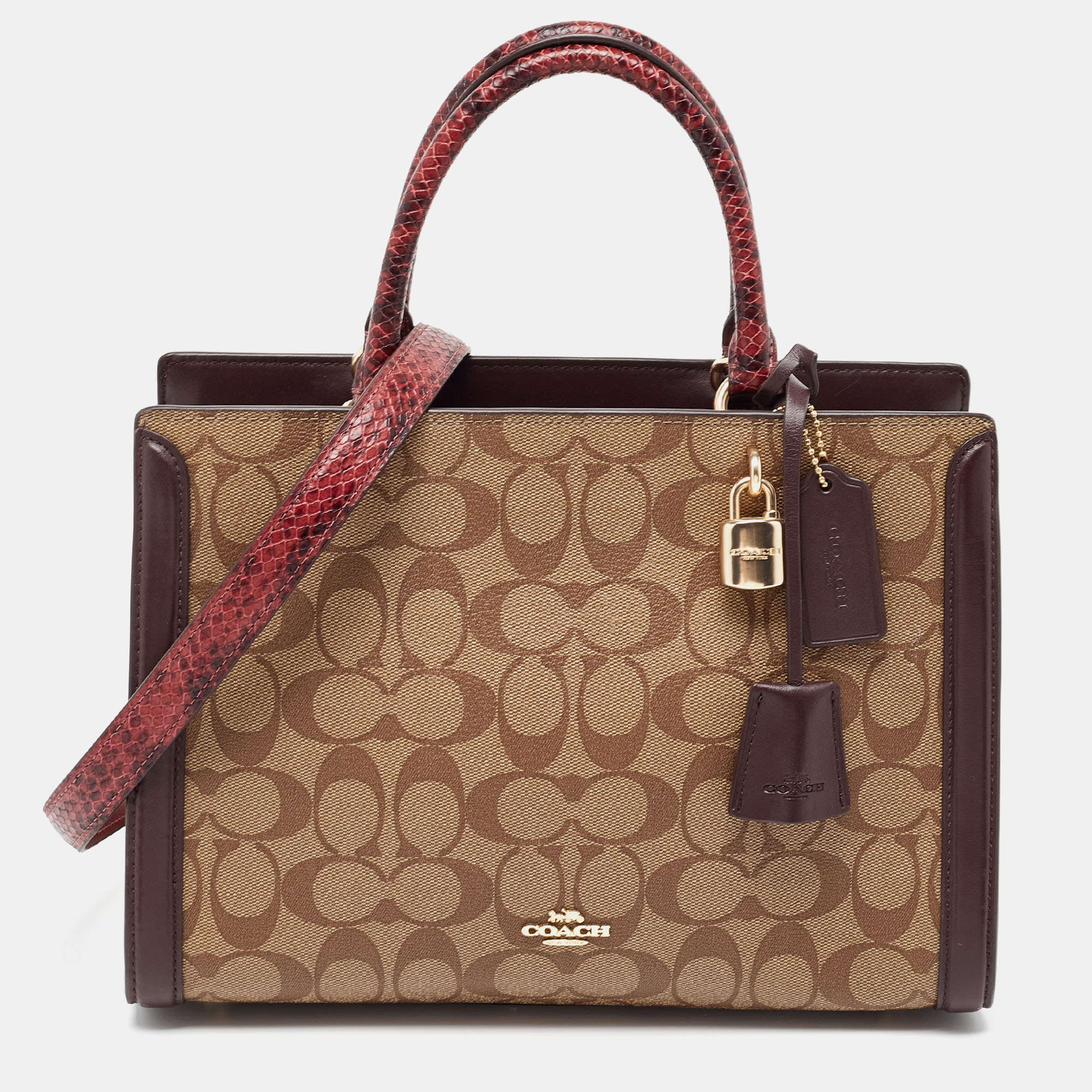 Coach Burgundy/Beige Signature Coated And Leather Zoe Carryall Tote