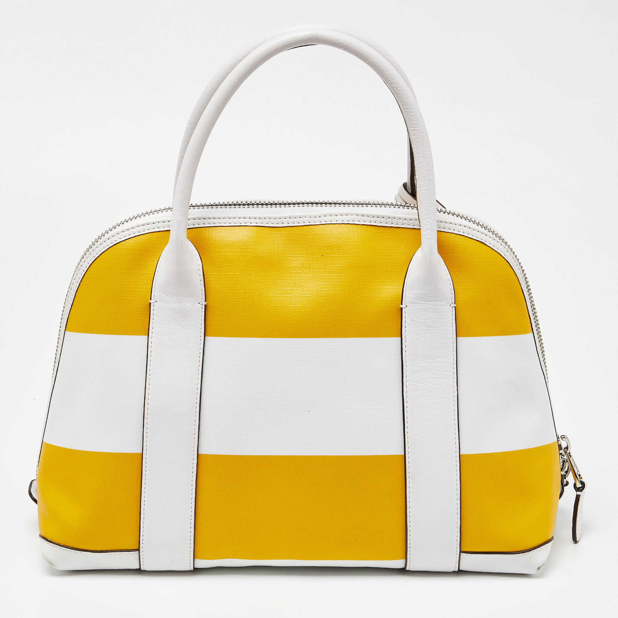 Coach Yellow/White Striped Coated Canvas And Leather Satchel
