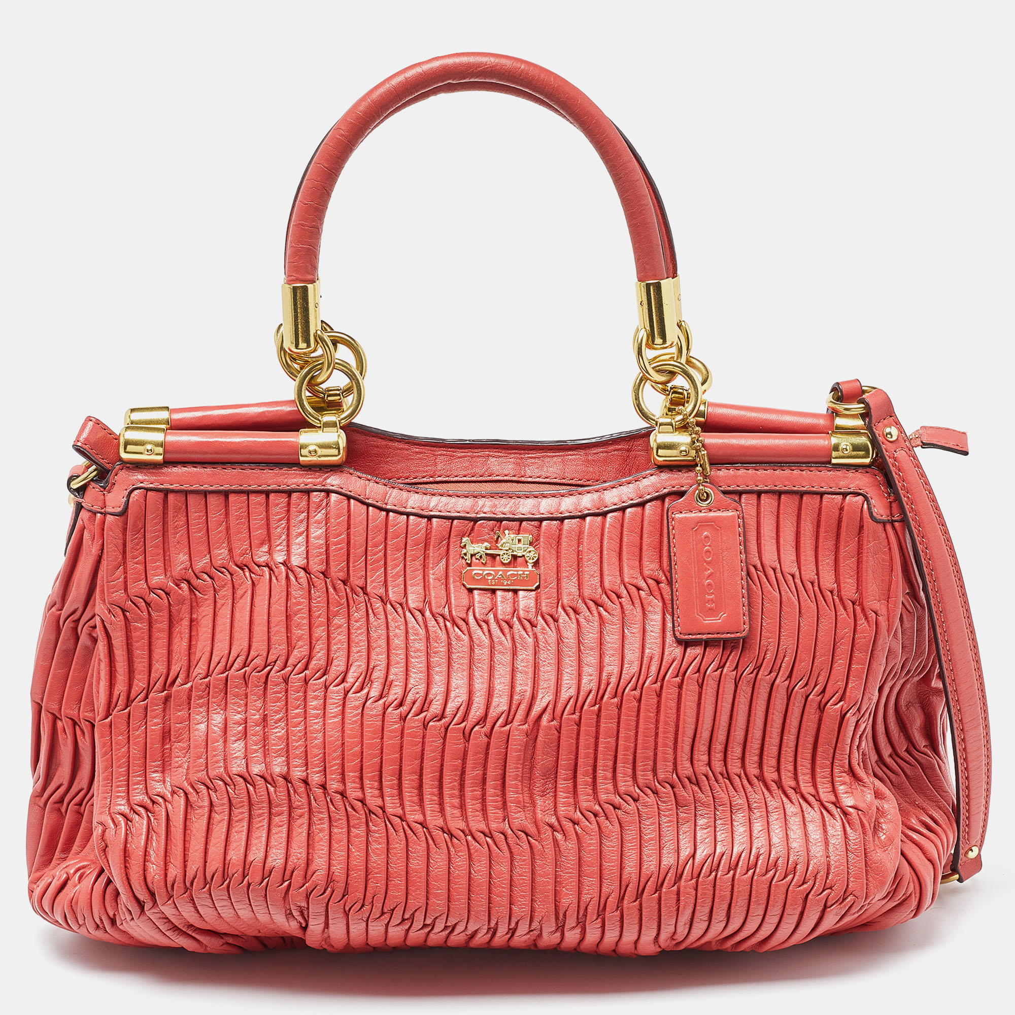Coach Coral Orange Leather Carrie Madison Gathered Tote