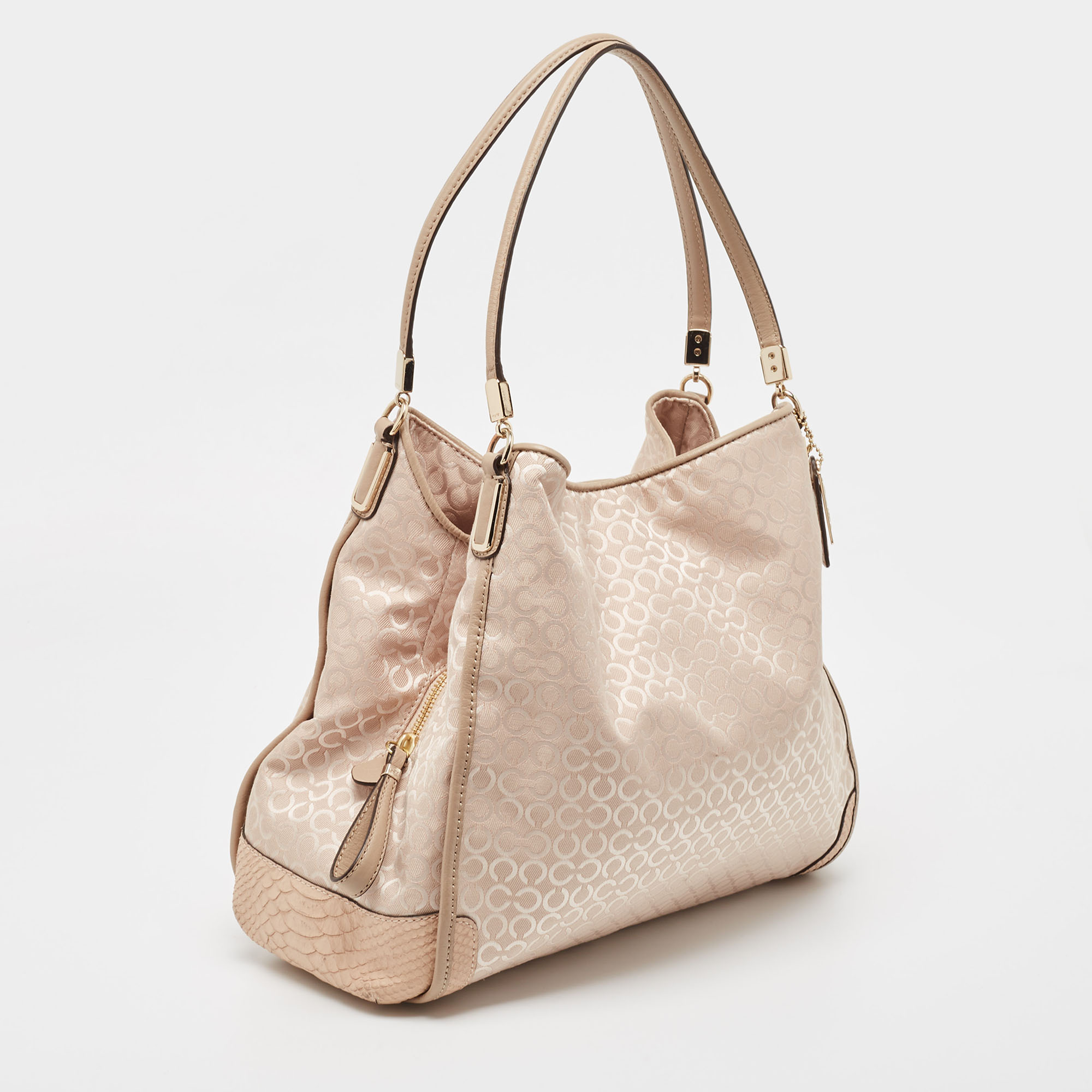 Coach Pink Canvas And Python Embossed Leather Edie Hobo