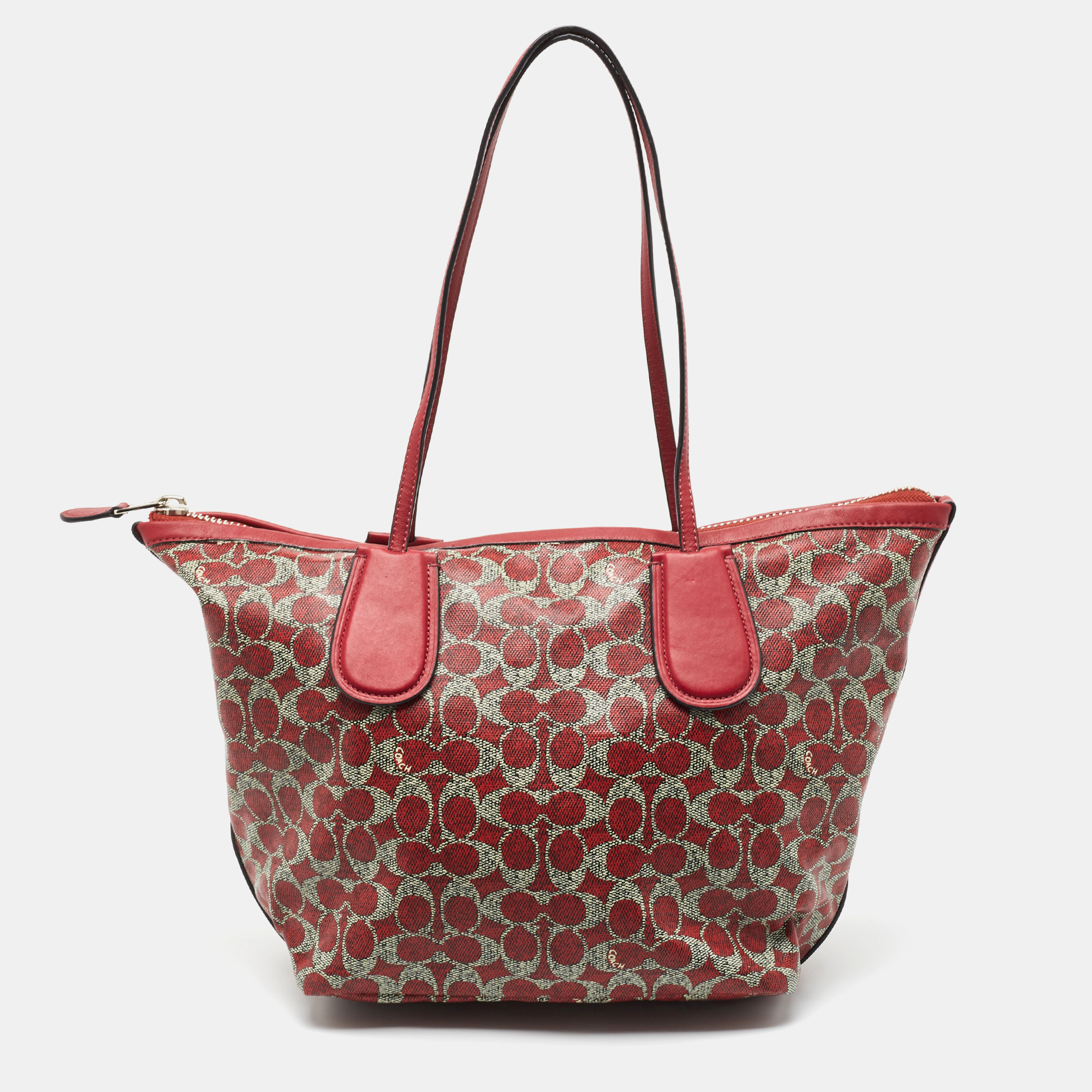 Coach red/grey signature coated canvas and leather taxi zip tote