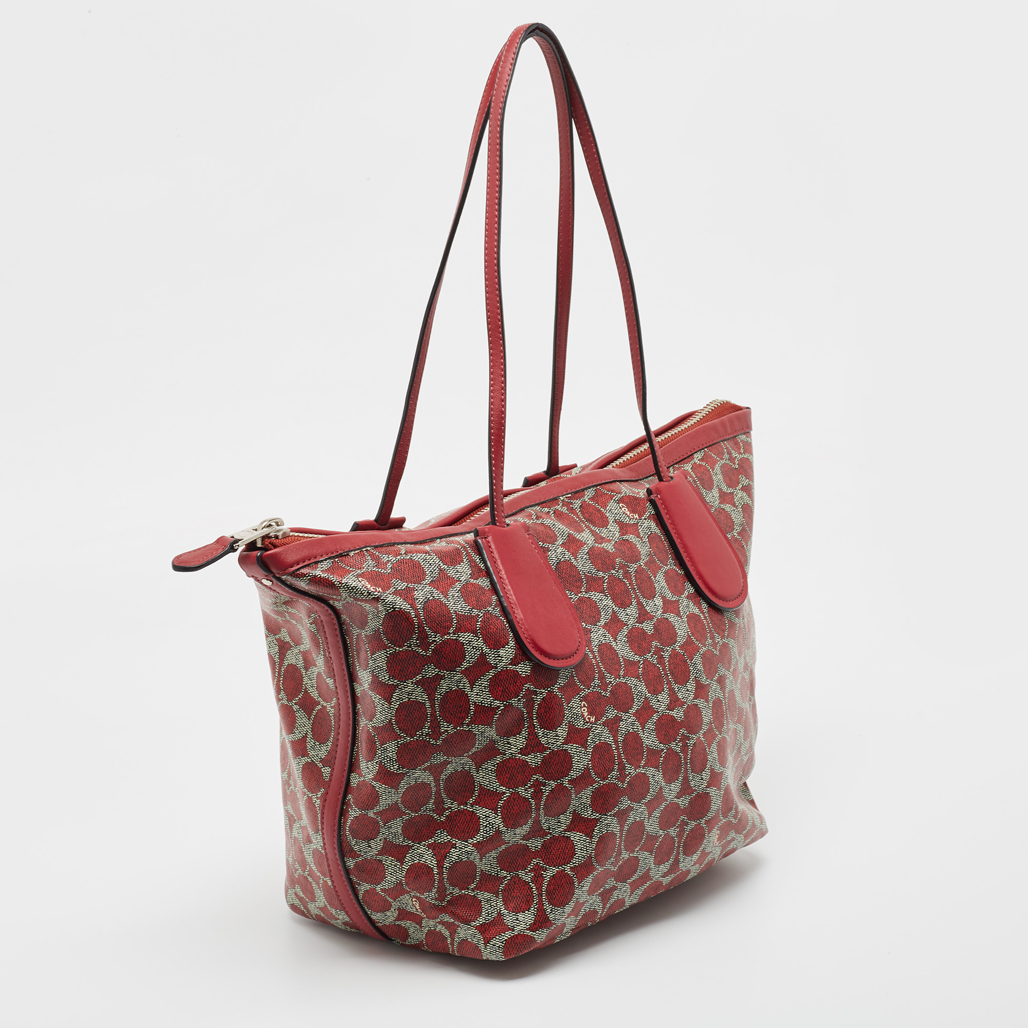 Coach Red/Grey Signature Coated Canvas And Leather Taxi Zip Tote
