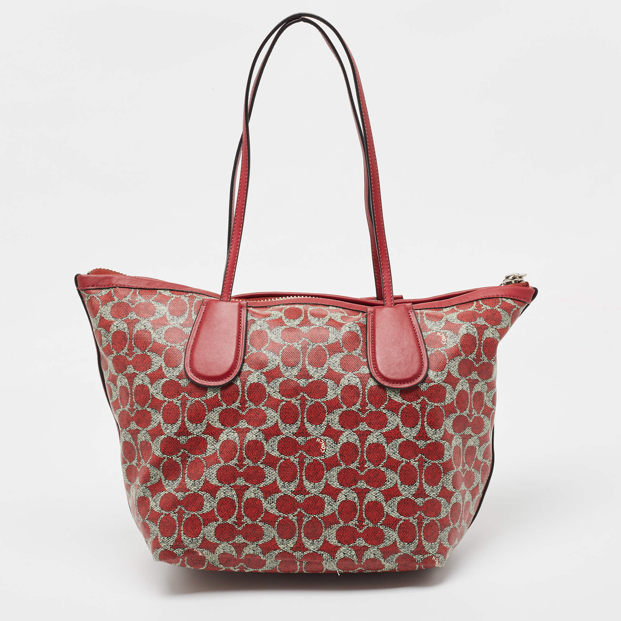 Coach Red/Grey Signature Coated Canvas And Leather Taxi Zip Tote