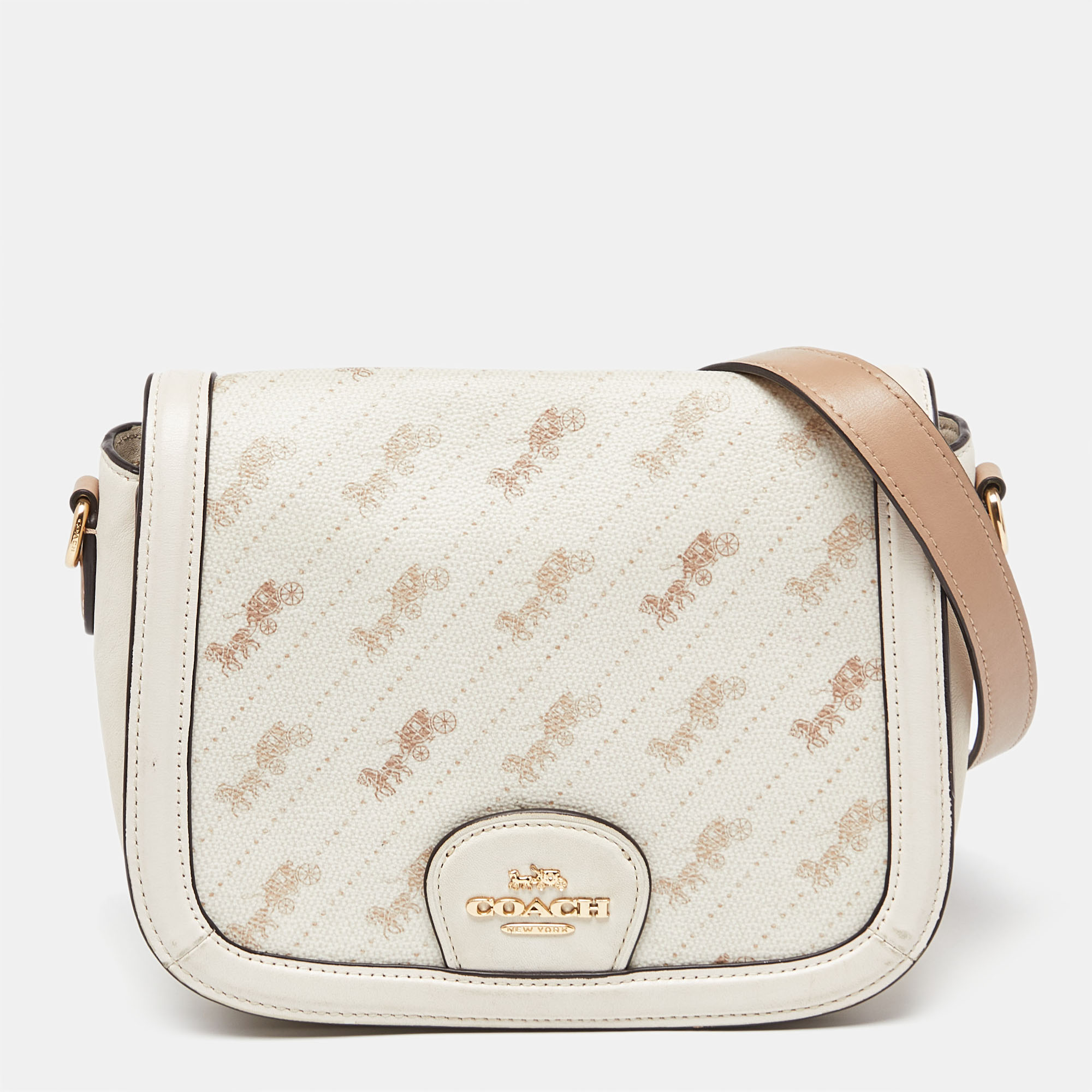 Coach Beige Horse Carriage Print Coated Canvas And Leather Crossbody Bag