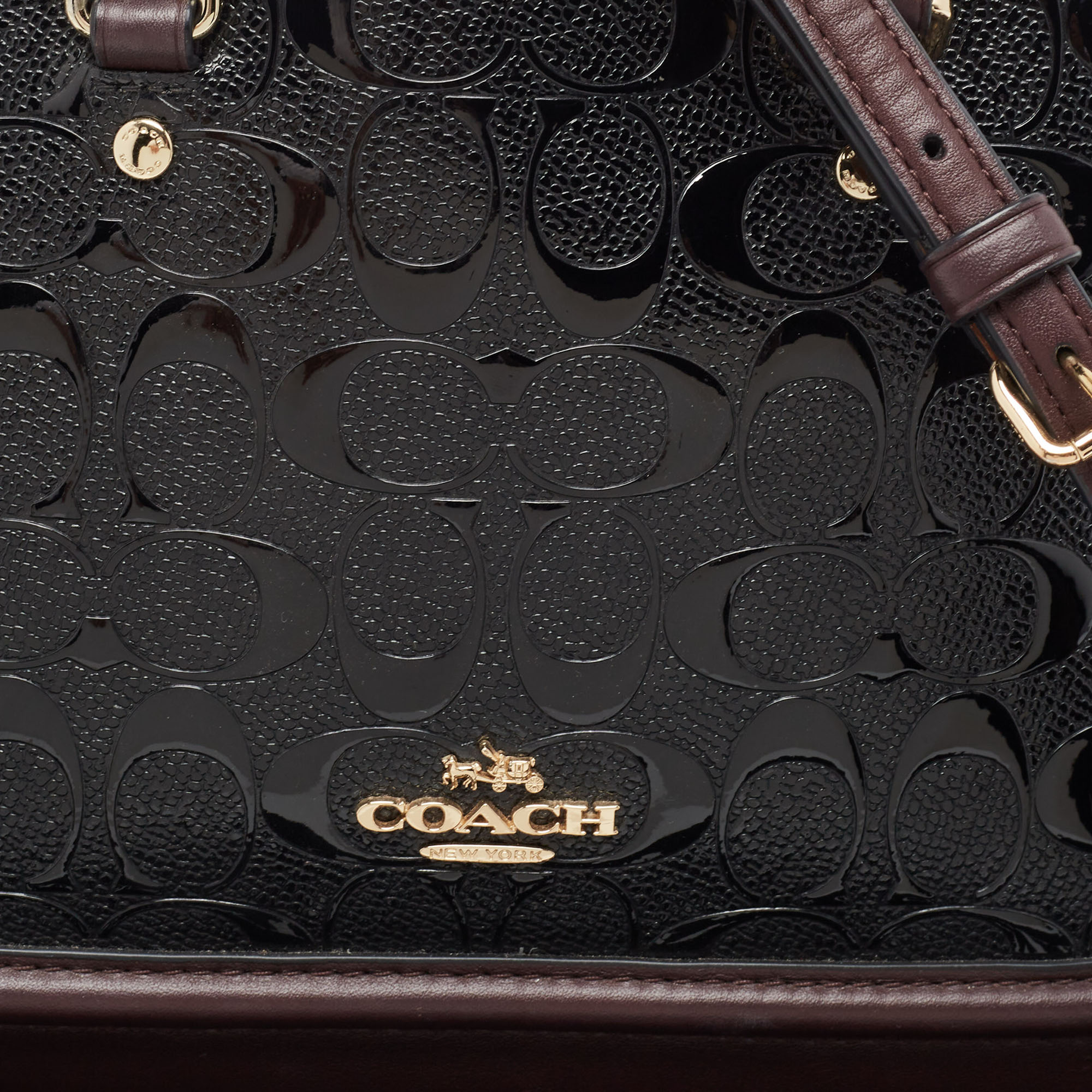 Coach Black/Plum Signature Embossed Patent And Leather Mini Sierra Satchel