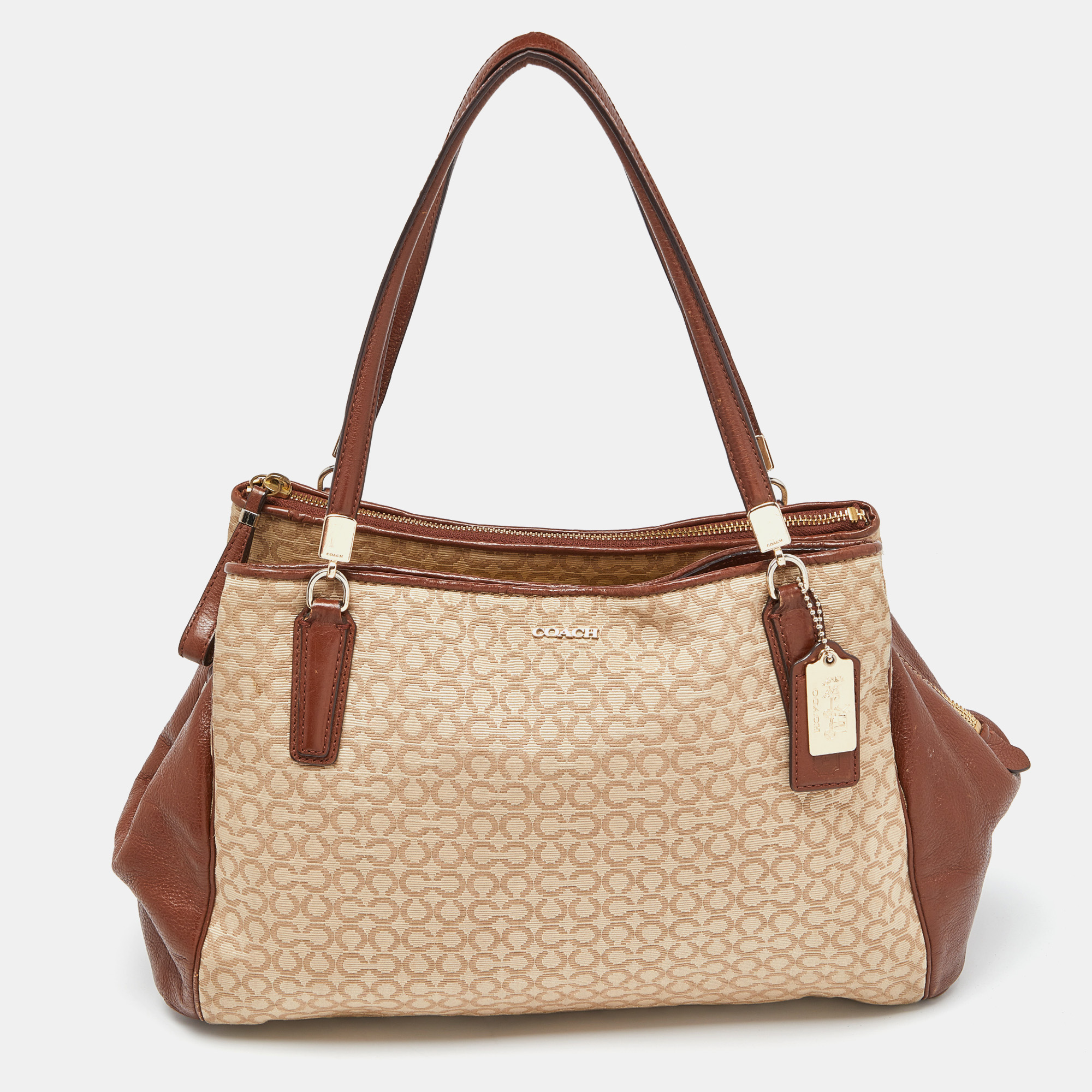 Coach beige/brown coach op art canvas and leather madison phoebe shoulder bag