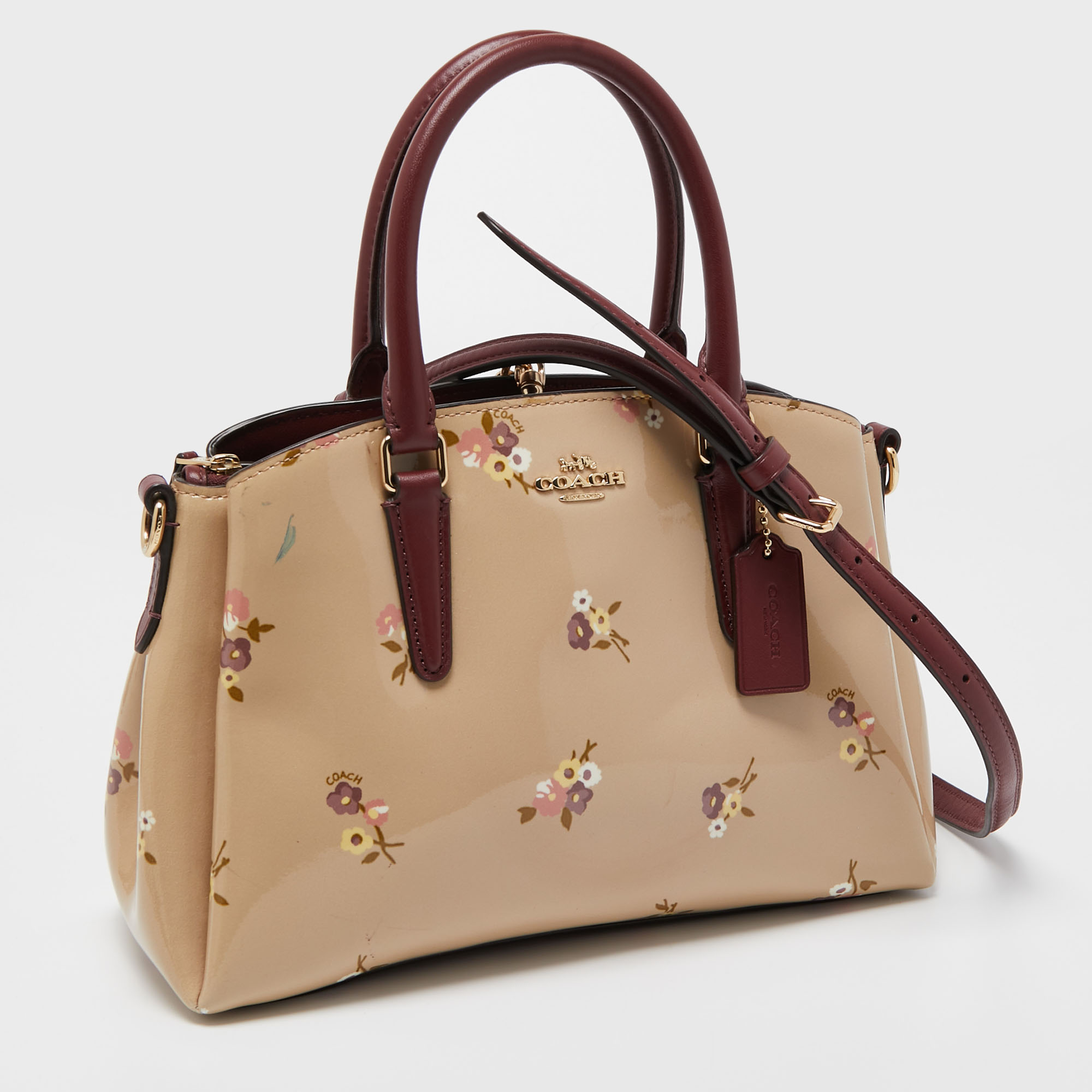 Coach Burgundy/Cream Floral Print Patent And Leather Mini Sage Carryall Satchel