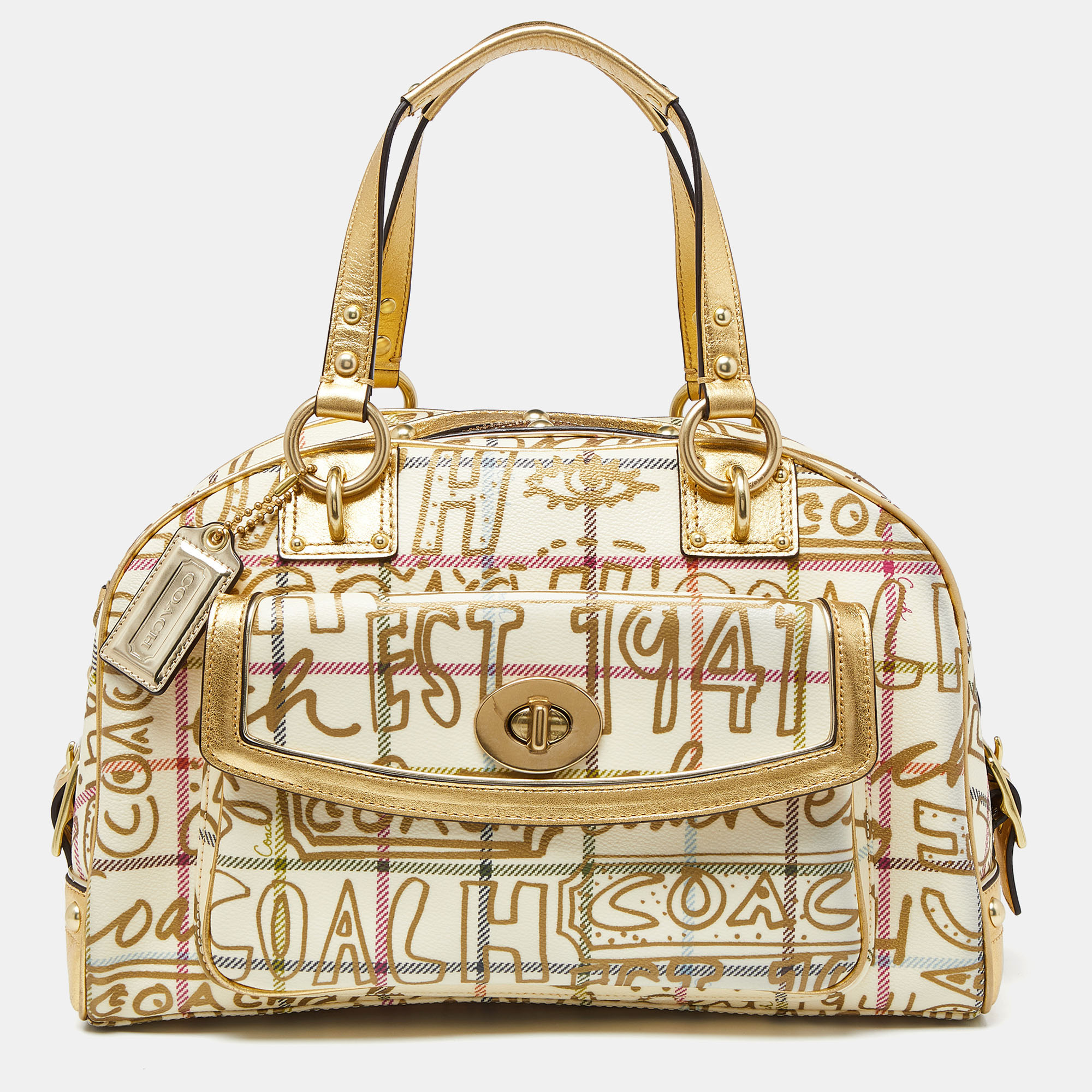 Coach gold pvc and leather graffiti tattersall satchel