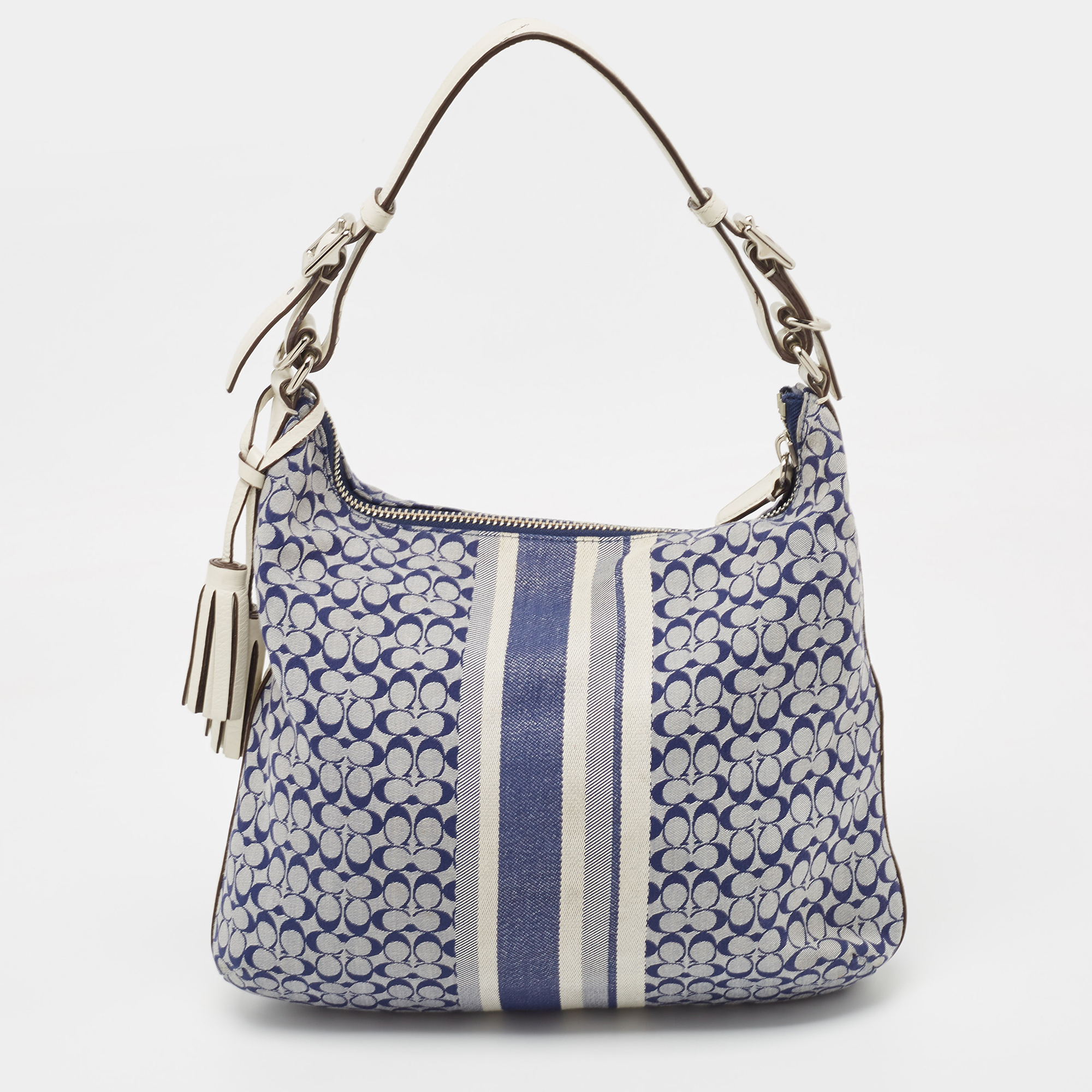 Coach Blue/White Canvas And Leather Front Pocket Hobo