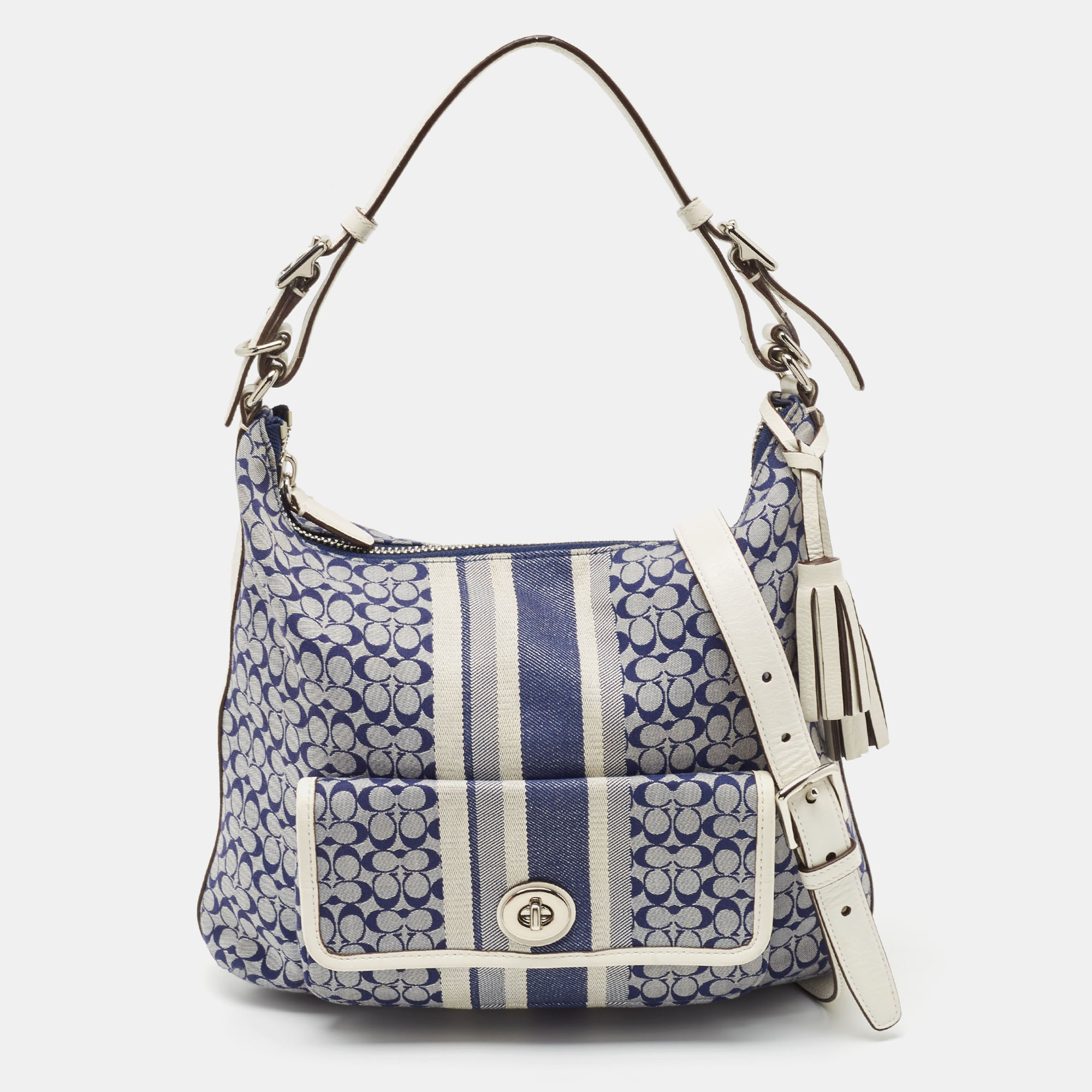 Coach Blue/White Canvas And Leather Front Pocket Hobo