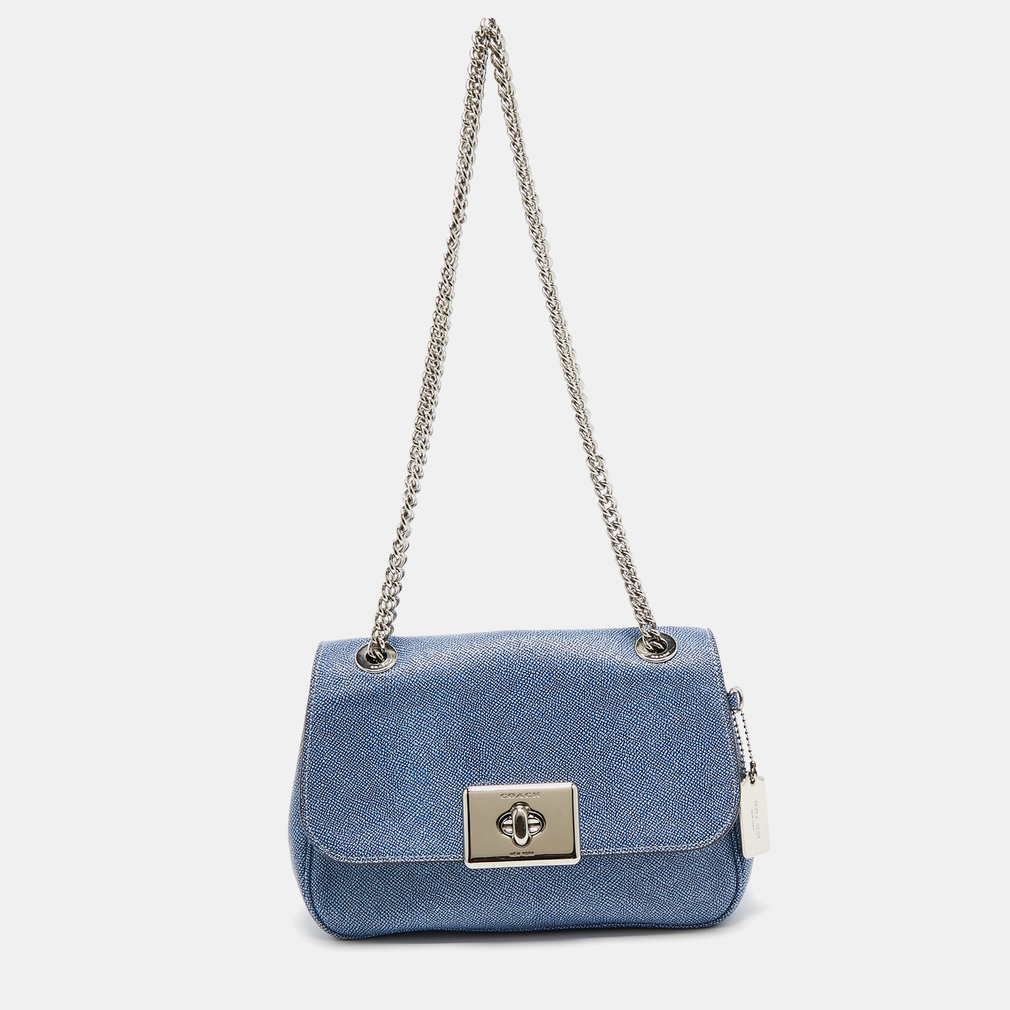 Coach Blue Textured Leather Flap Cassidy Chain Shoulder Bag