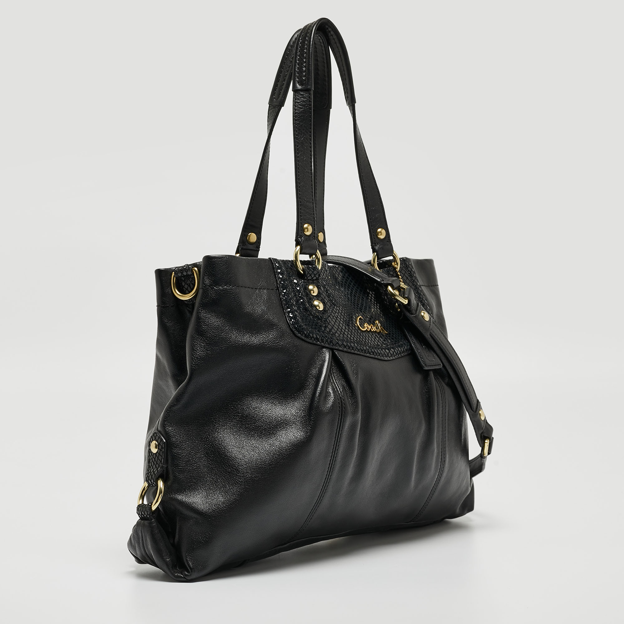 Coach Black Leather And Snakeskin Embossed Leather Ashley Tote