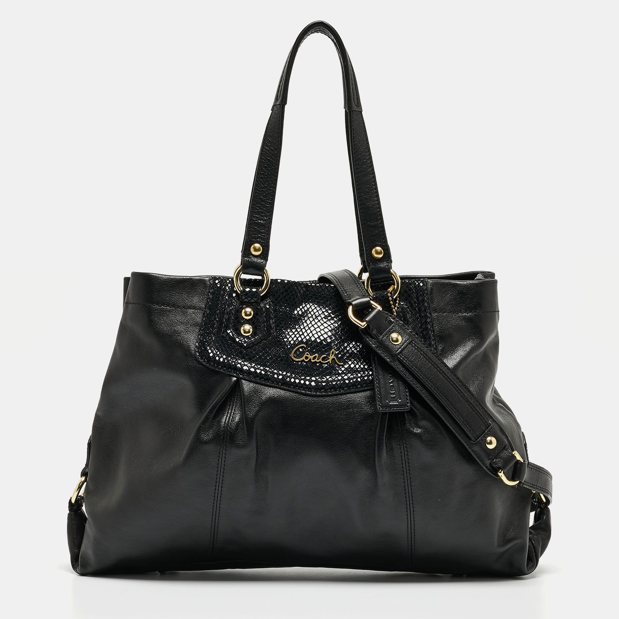 Coach Black Leather And Snakeskin Embossed Leather Ashley Tote