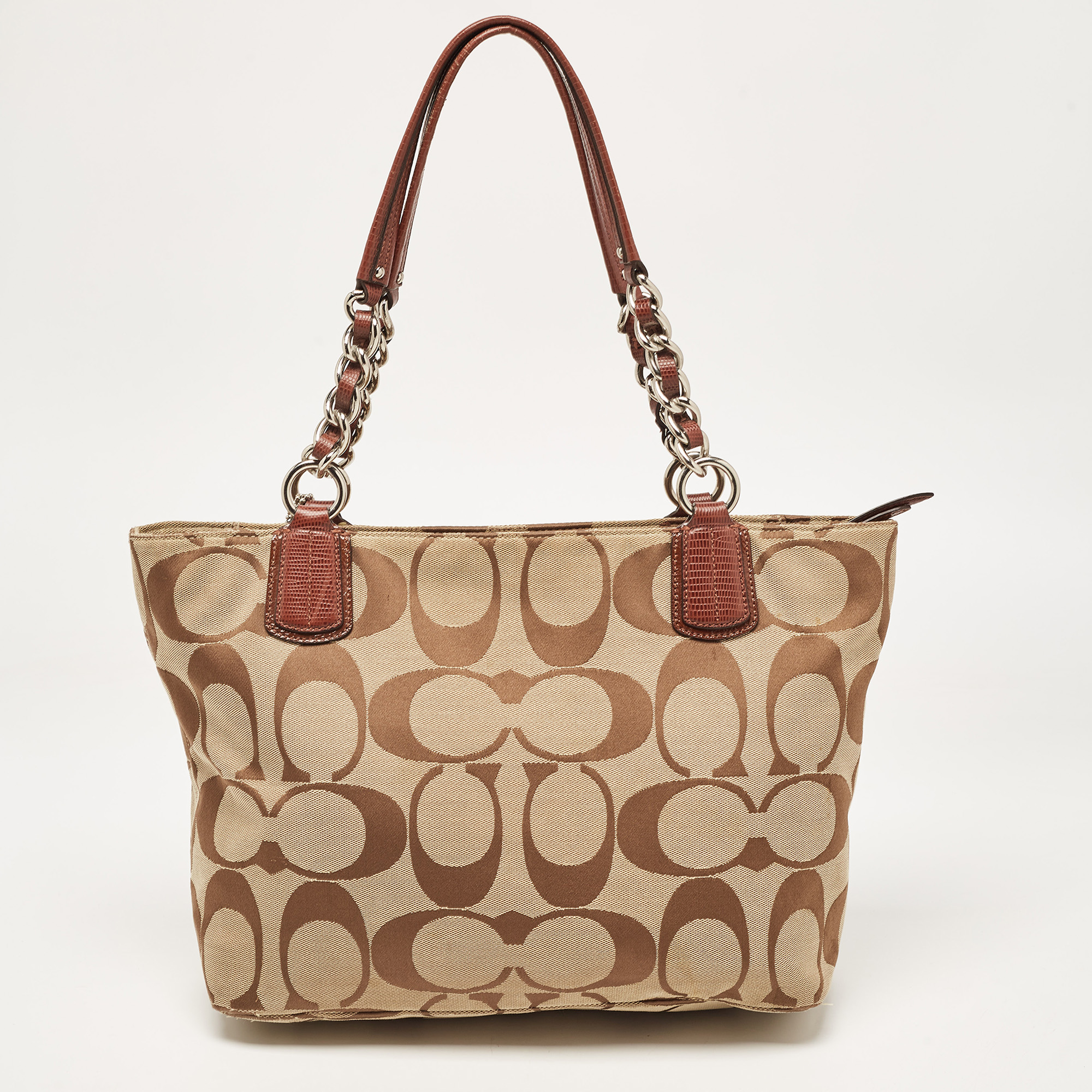 Coach Brown/Beige Signature Canvas And Leather Chain Tote