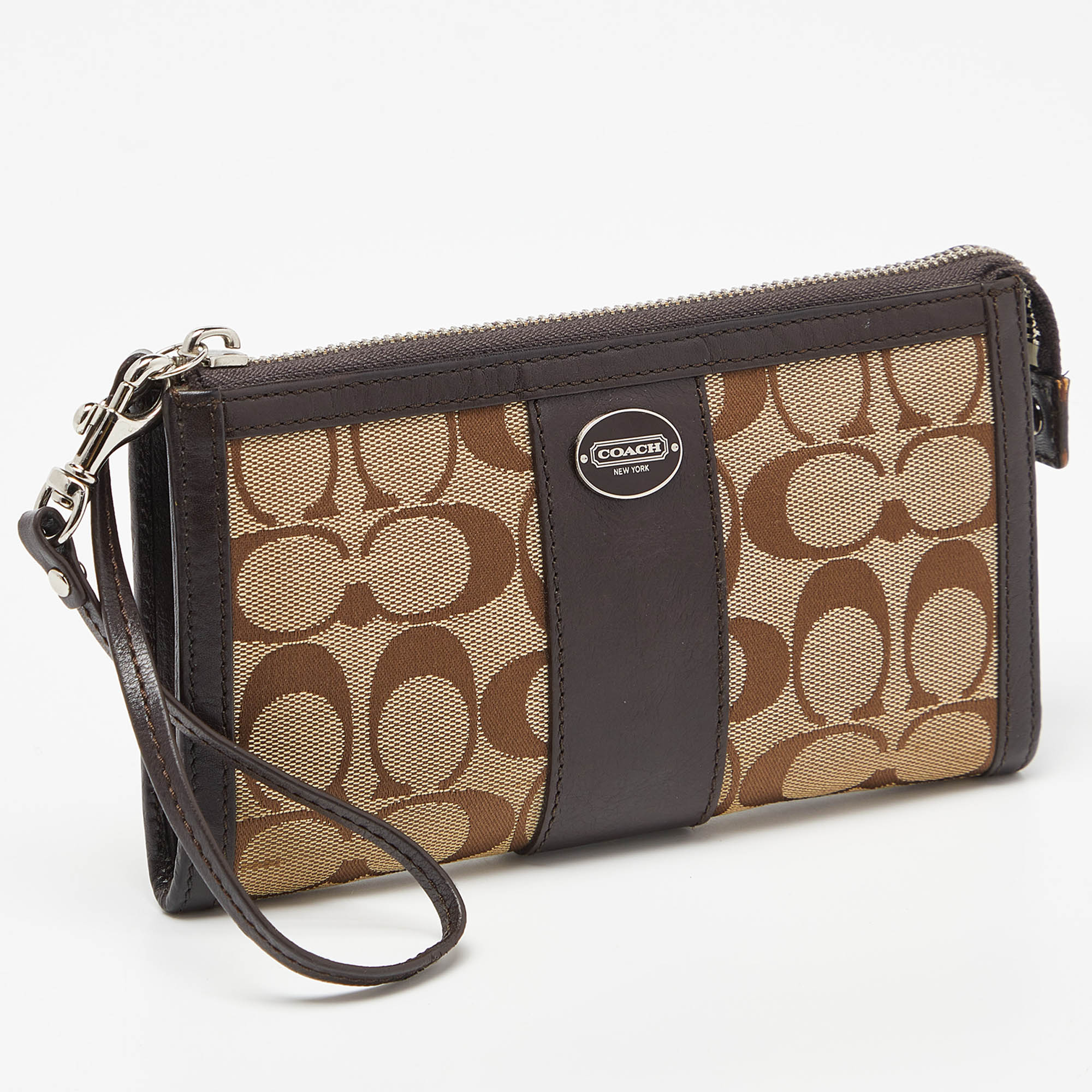 Coach Brown/Beige Signature Canvas And Leather Zip Wristlet Pouch