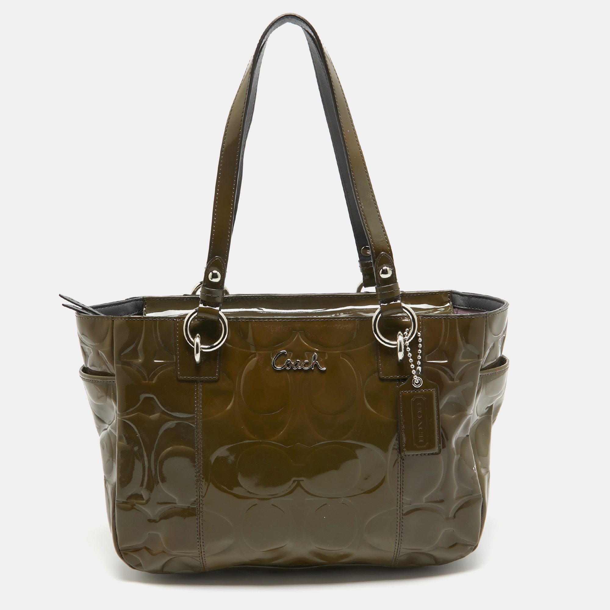 Coach olive green op art embossed patent leather east west gallery tote