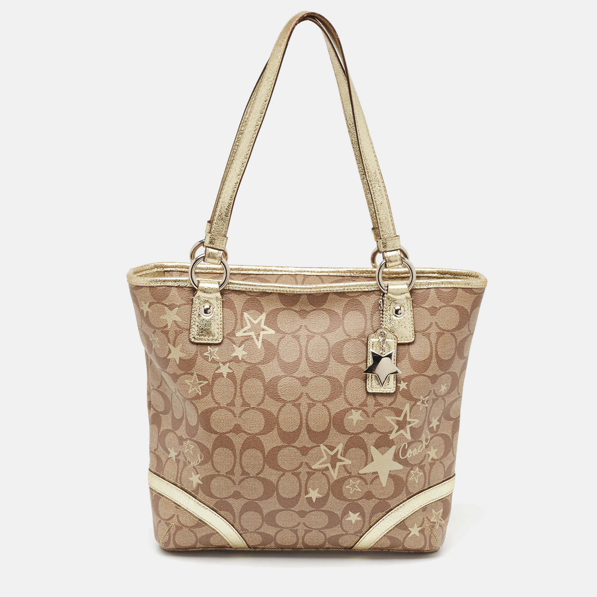 Coach beige/gold signature coated canvas and leather heritage star tote