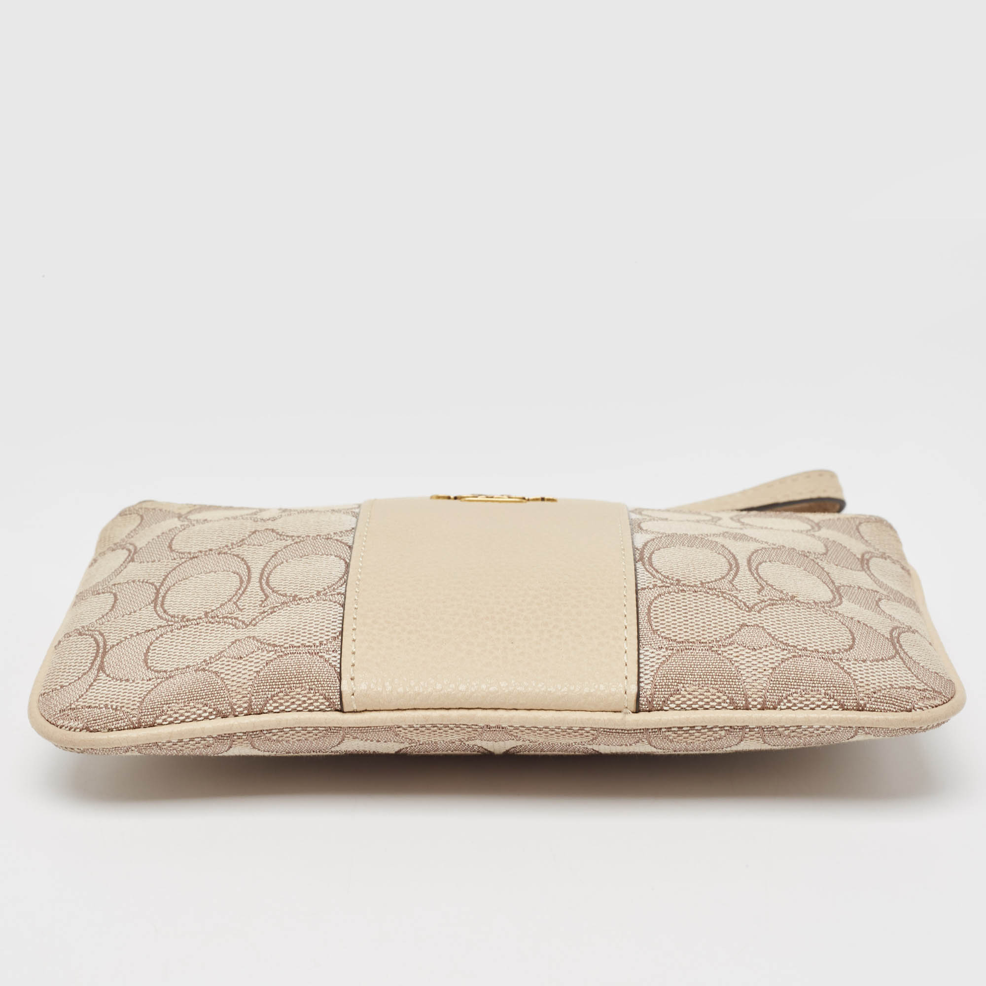 Coach Beige Signature Canvas And Leather Wristlet Zip Pouch