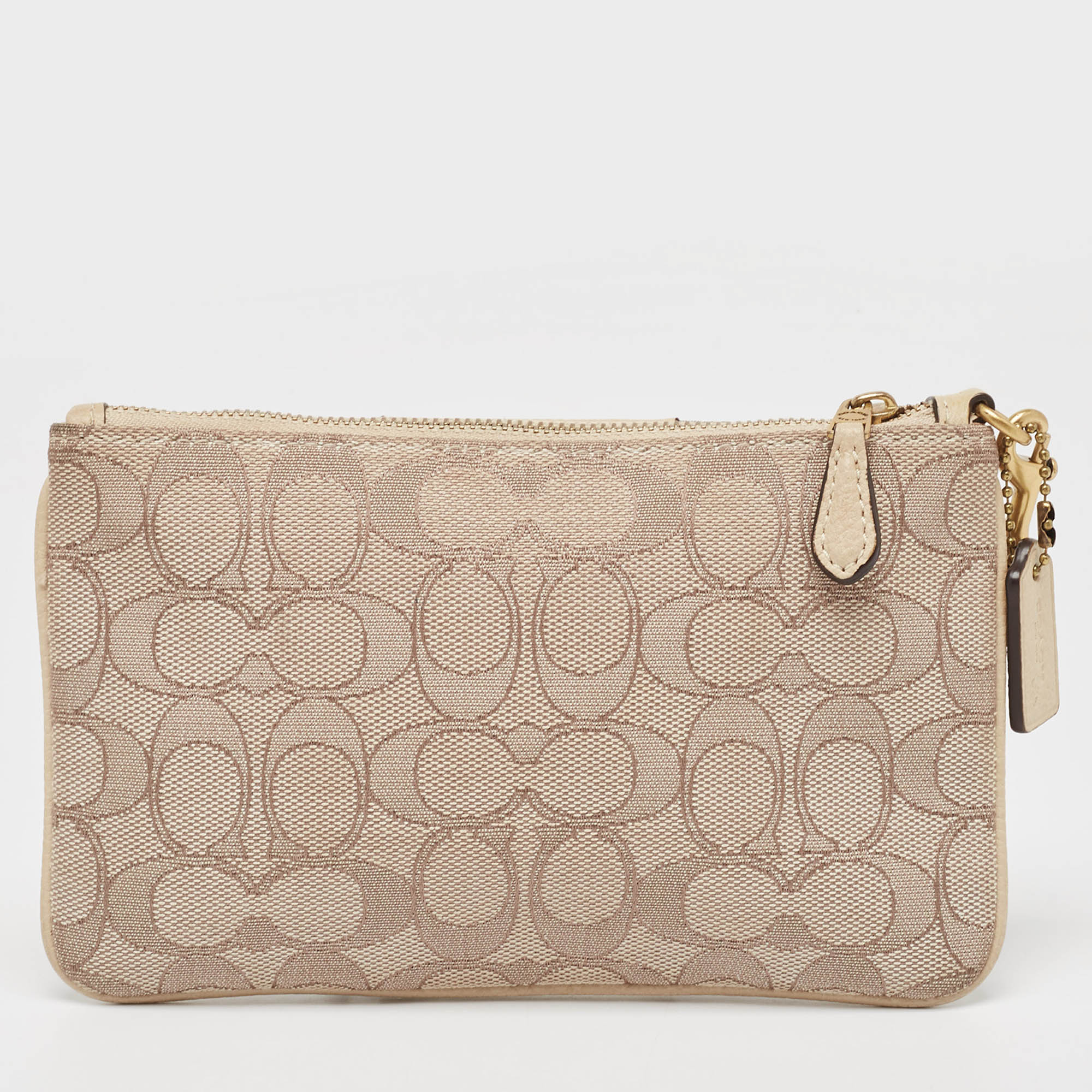 Coach Beige Signature Canvas And Leather Wristlet Zip Pouch