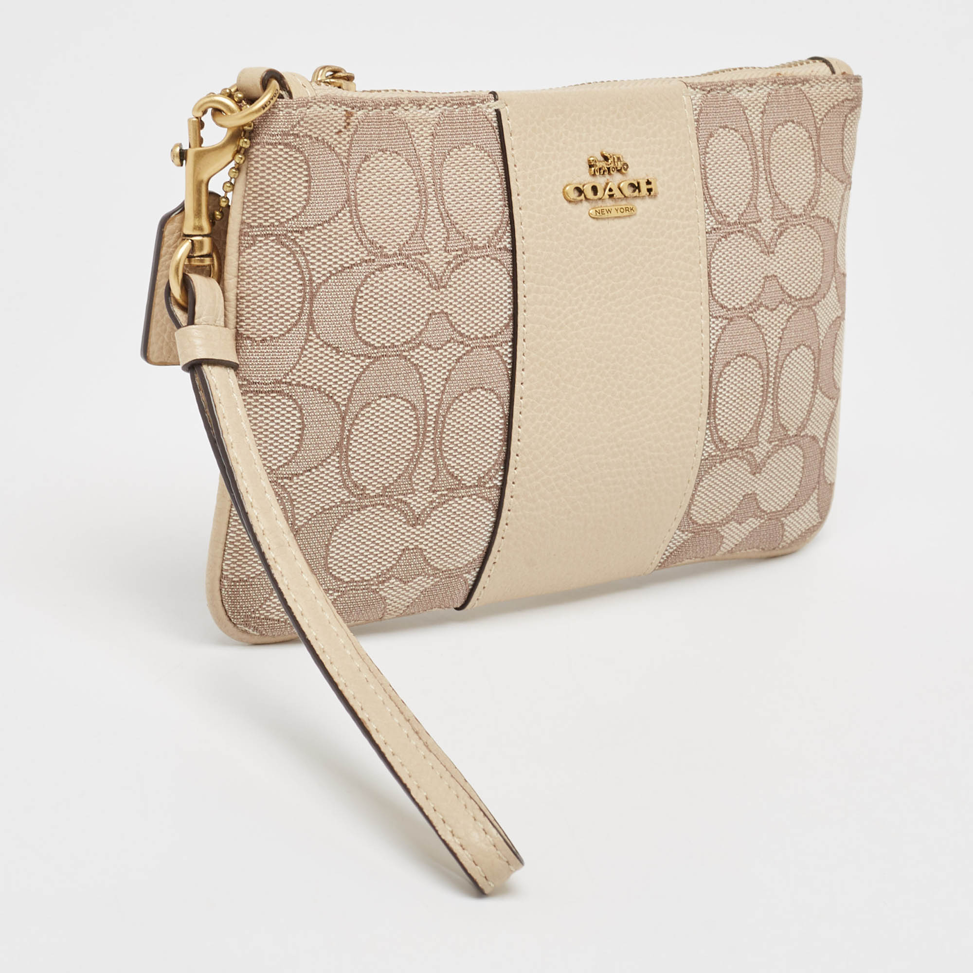 Coach Beige Signature Canvas And Leather Wristlet Zip Pouch