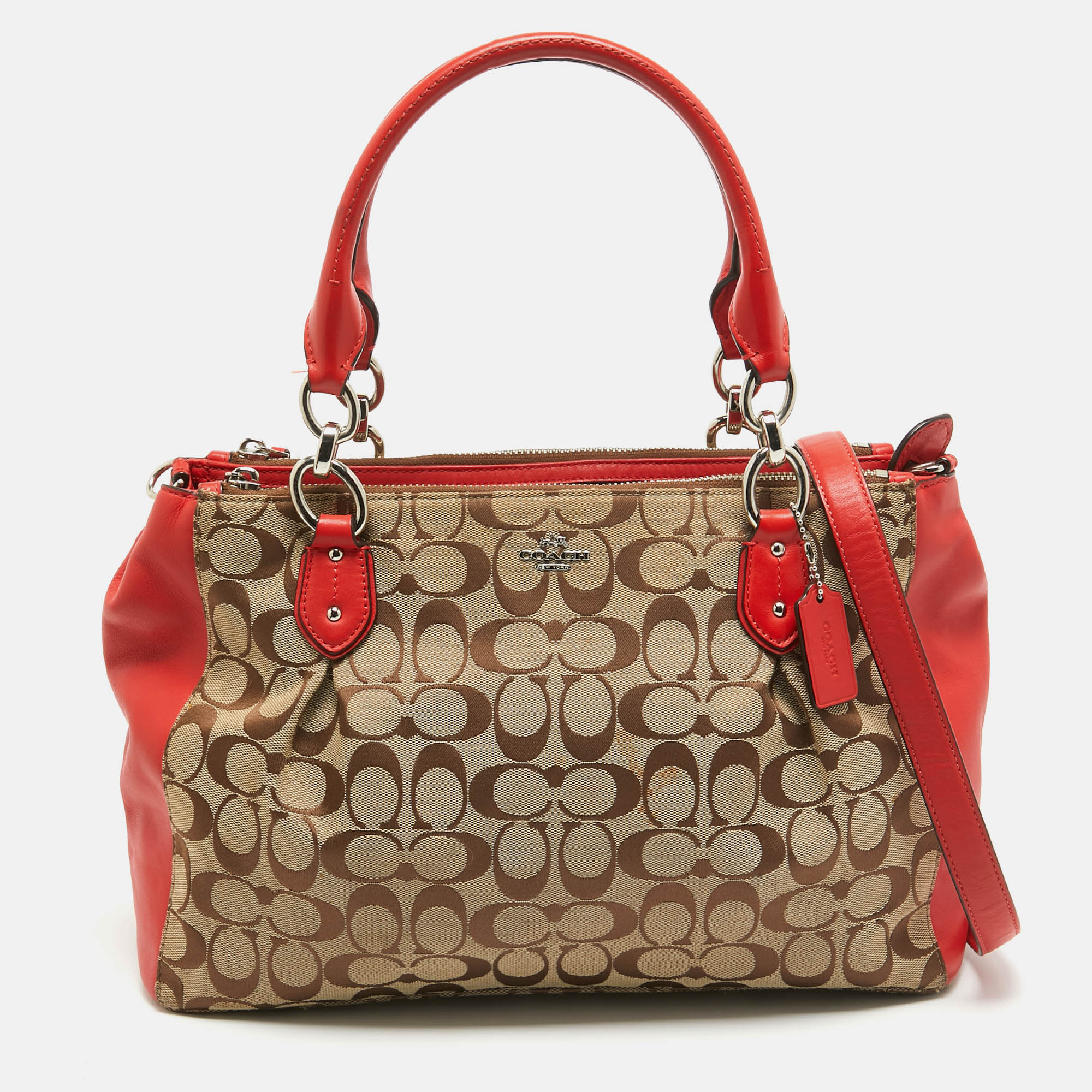 Coach red/beige signature canvas and leather large christie caryall tote