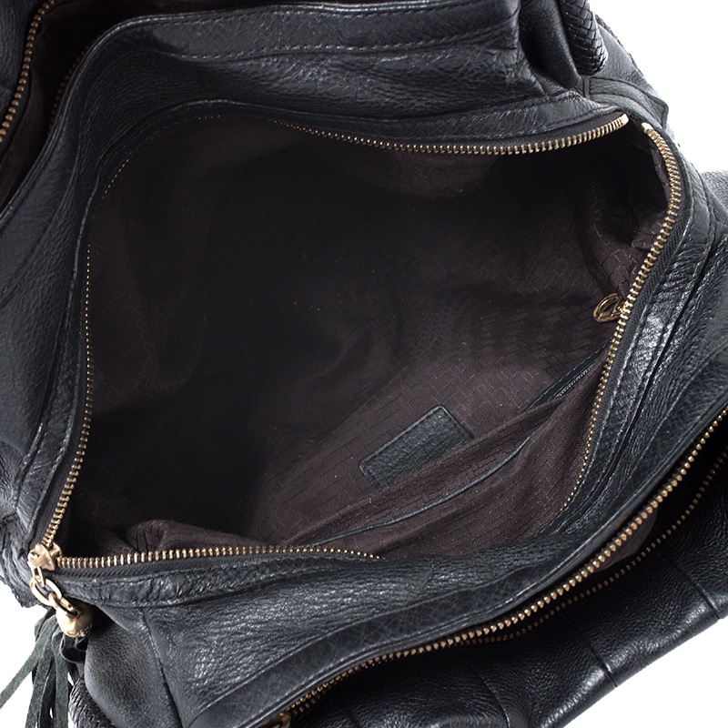 Cole Haan Black Pleated  Leather Tassel Hobo