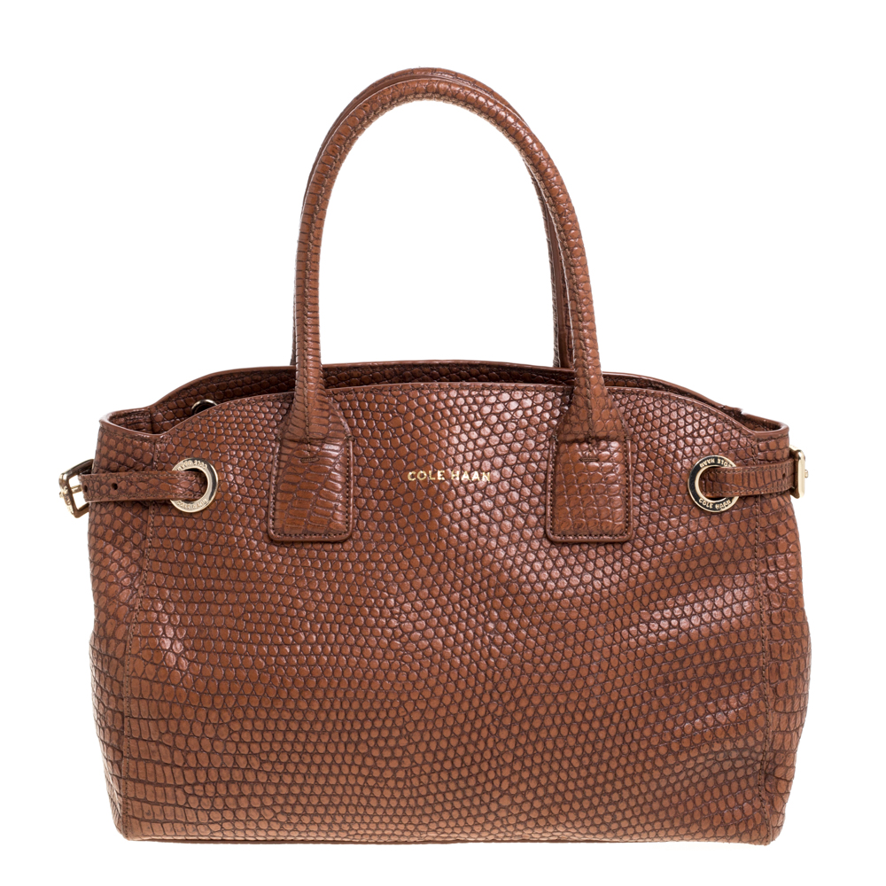 Image of Cole Haan Brown Python Embossed Leather Satchel