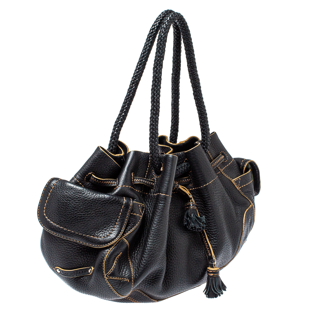 Cole Haan Black Leather Drawstring Braided Handle Hobo