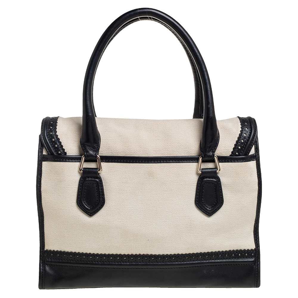 Cole Haan Cream/Black Canvas And Wingtip Leather Flap Brooke Tote