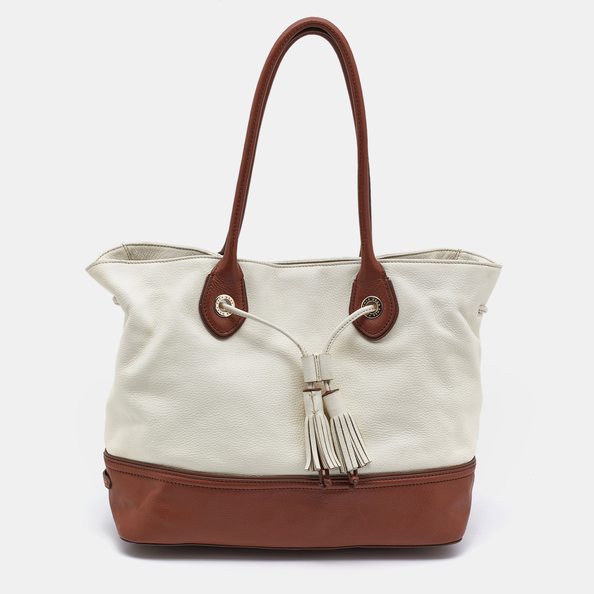 Cole Haan White/Brown Leather Reiley Tassel Tote