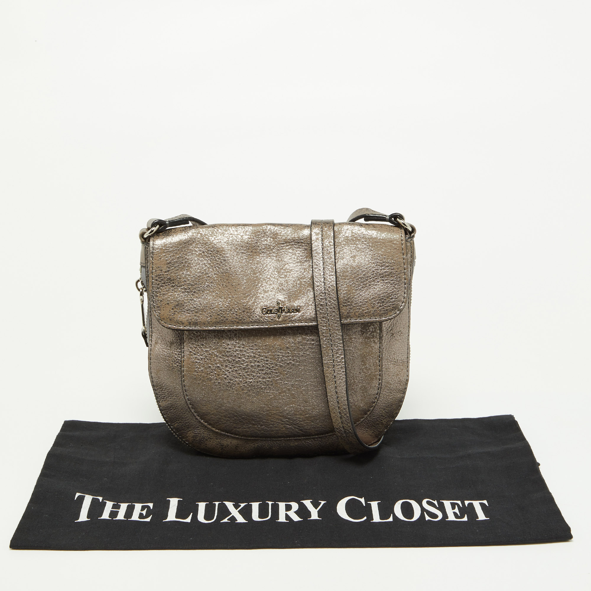 Cole Haan Metallic Grey Leather Flap Zip Round Crossbody Bag