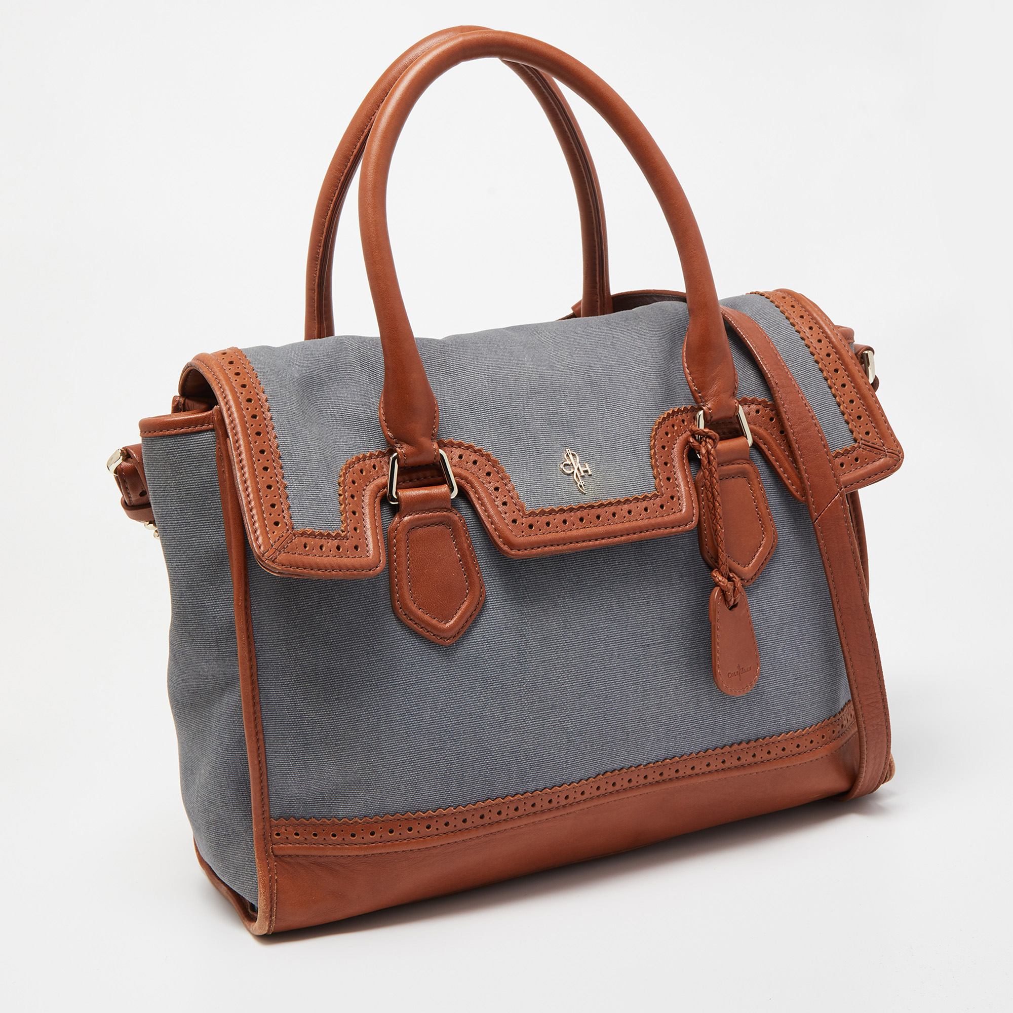 Cole Haan Blue/Tan Denim And Leather Flap Brooke Tote