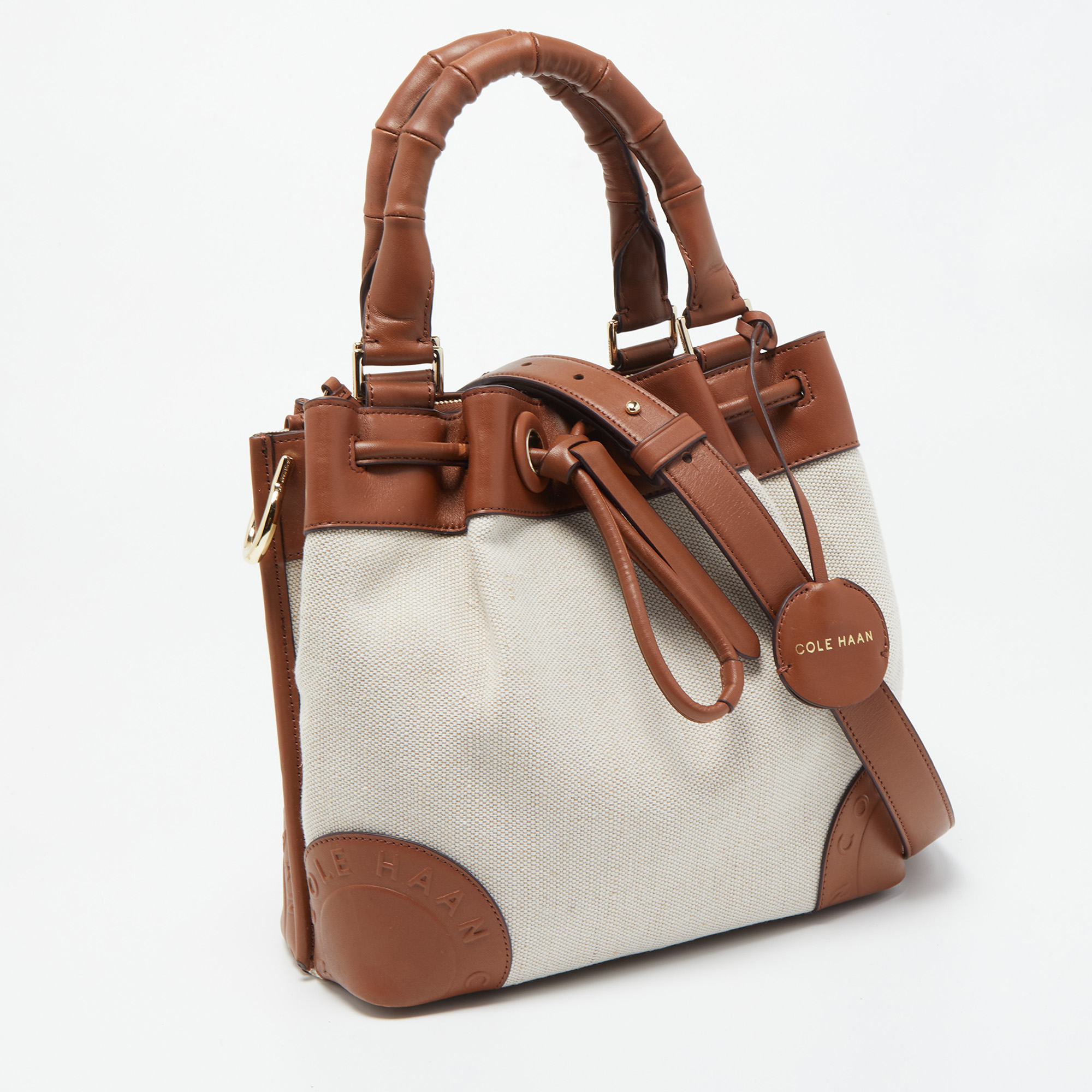 Cole Haan Beige/Tan Canvas And Leather Drawstring Bag